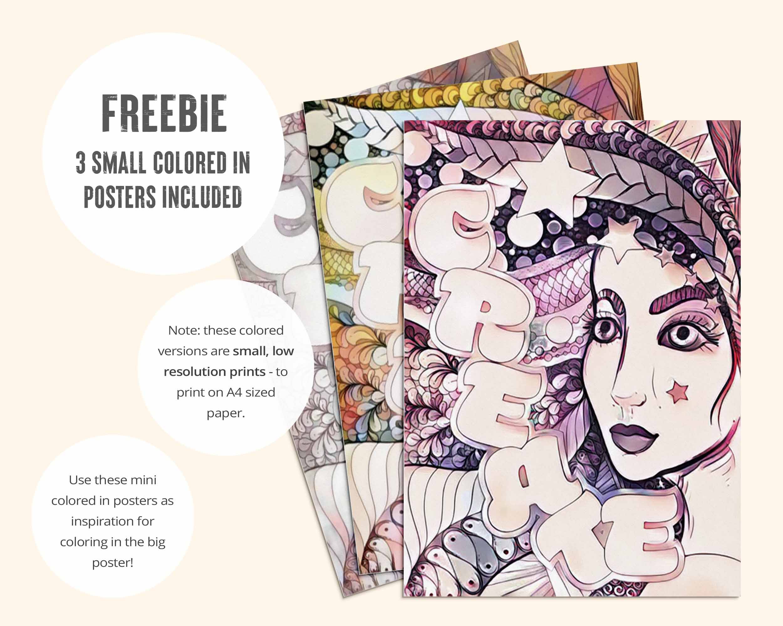 Mini colored in example posters are included to inspire your own coloring. Note: these colored versions are small, low resolution prints - to print on A4 sized paper.