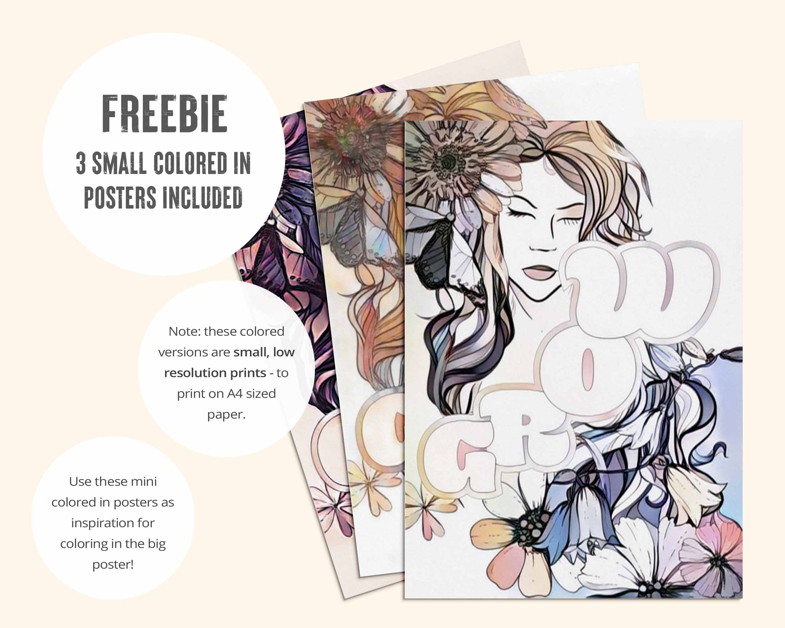 Mini colored in example posters are included to inspire your own coloring. Note: these colored versions are small, low resolution prints - to print on A4 sized paper.