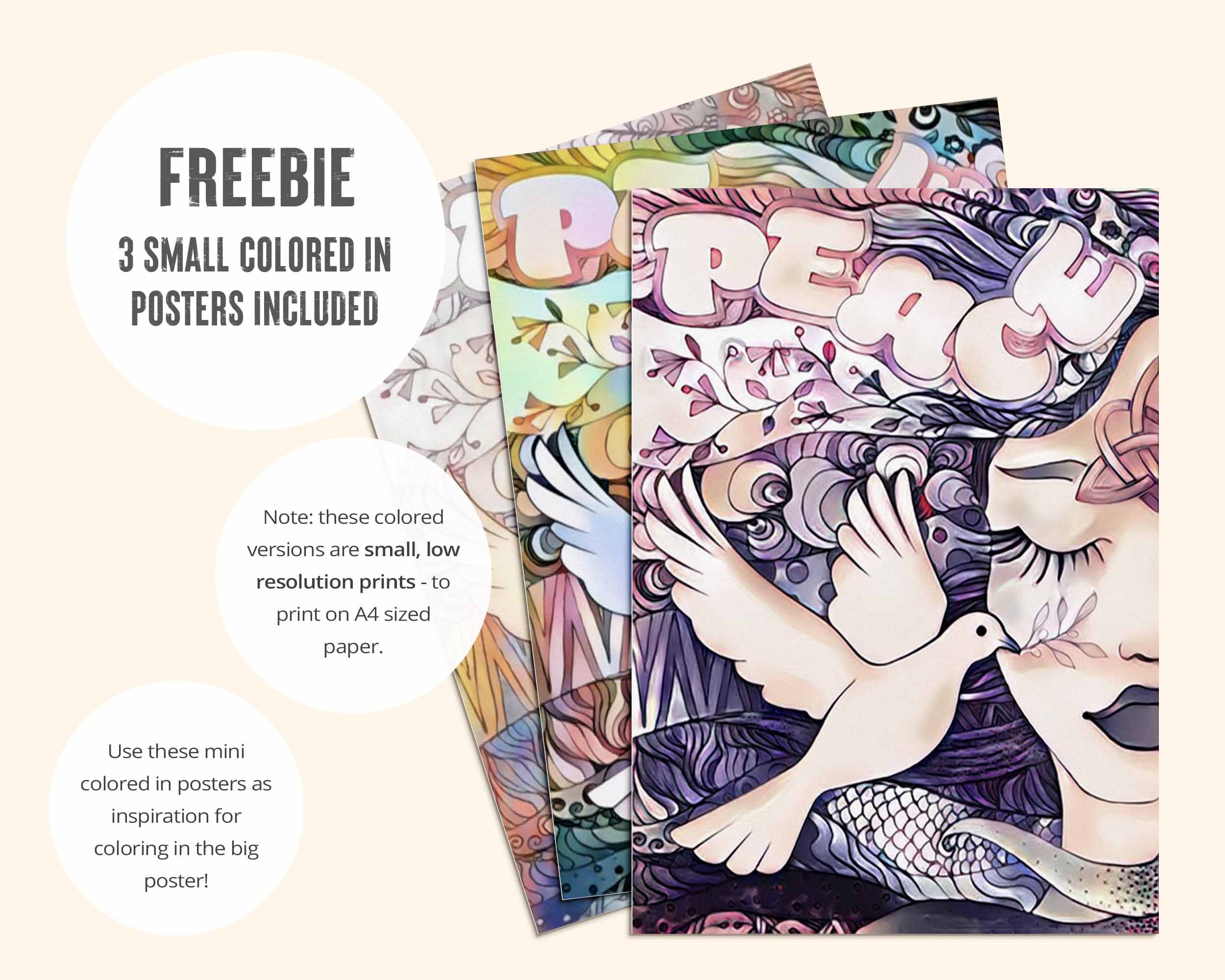 Mini colored in example posters are included to inspire your own coloring. Note: these colored versions are small, low resolution prints - to print on A4 sized paper.