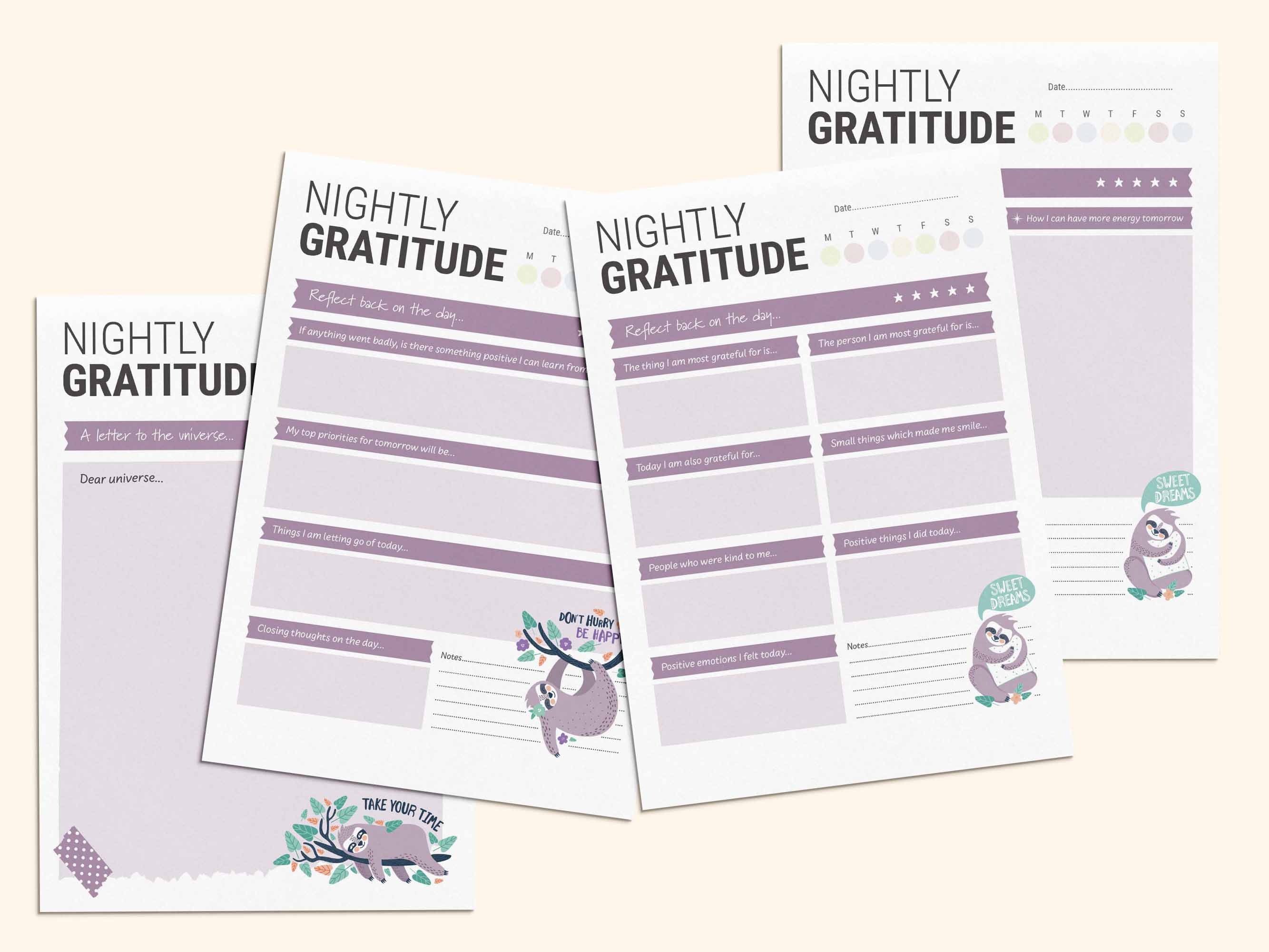 Nightly journal with prompts for gratitude, reflection and letting go of the day.