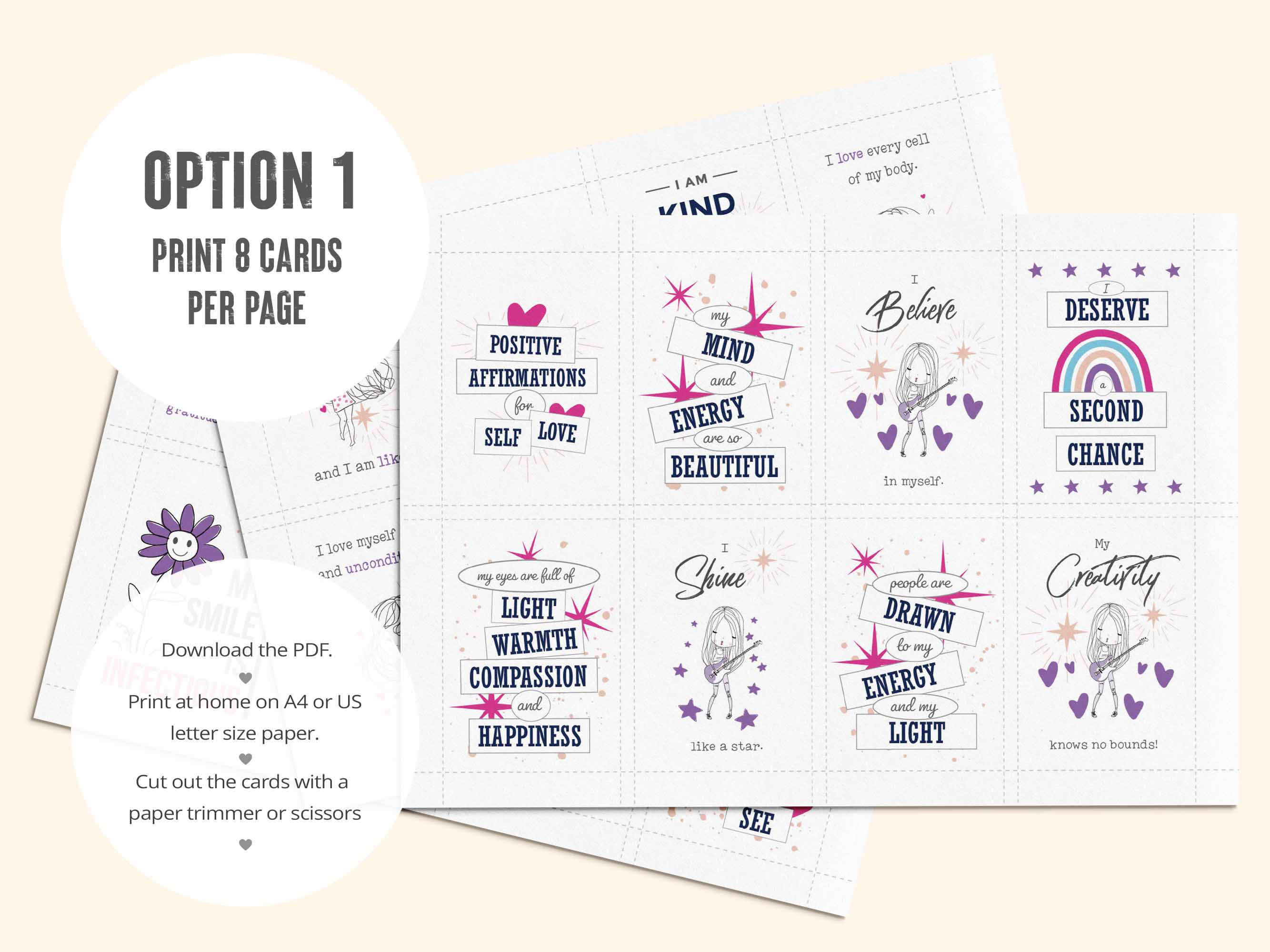 The first PDF has all 23 positive affirmation cards for self love, self care and self worth laid out 8 per page.