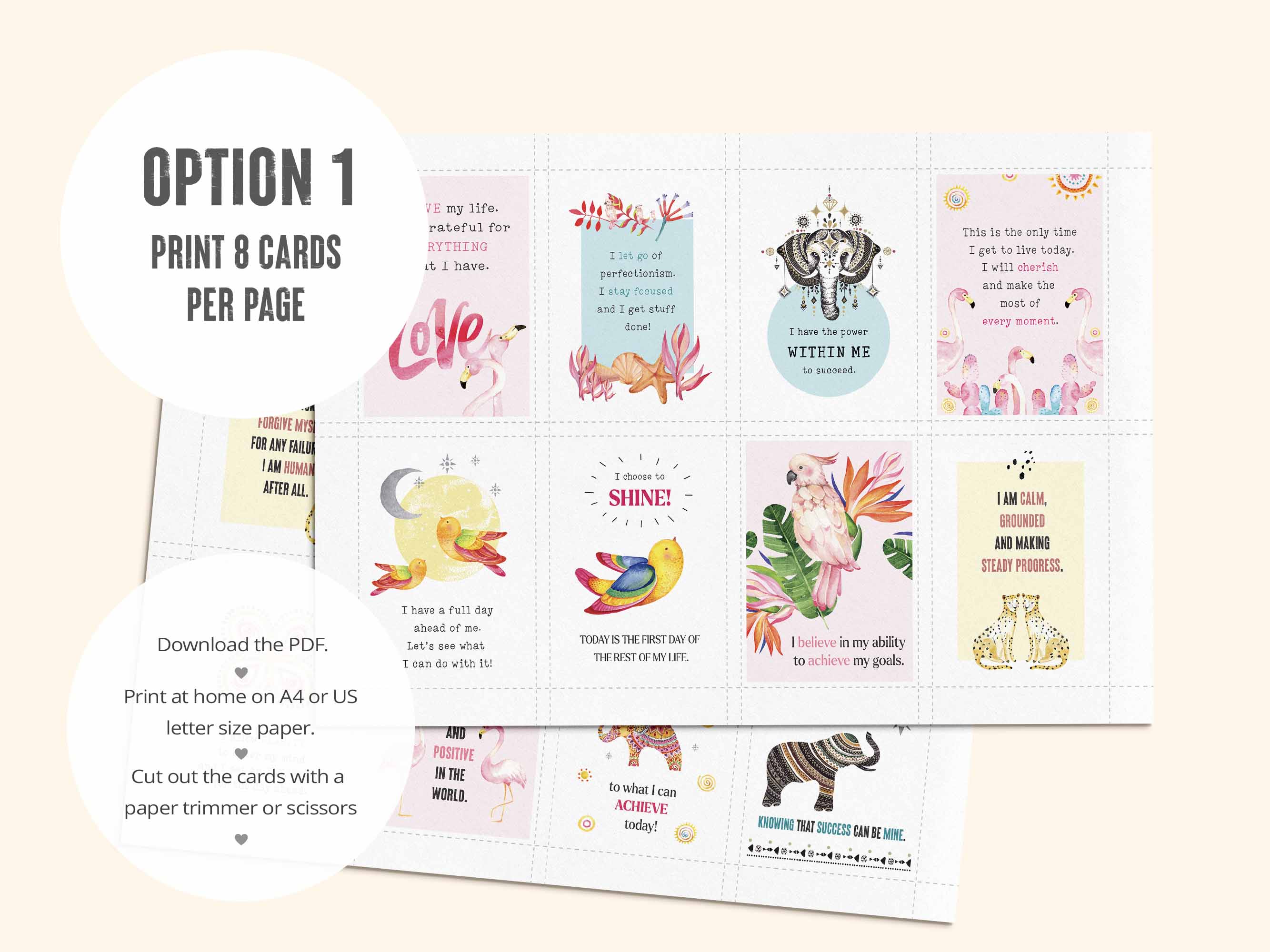 The first PDF has all 16 powerful morning positive affirmation cards laid out 8 per page.