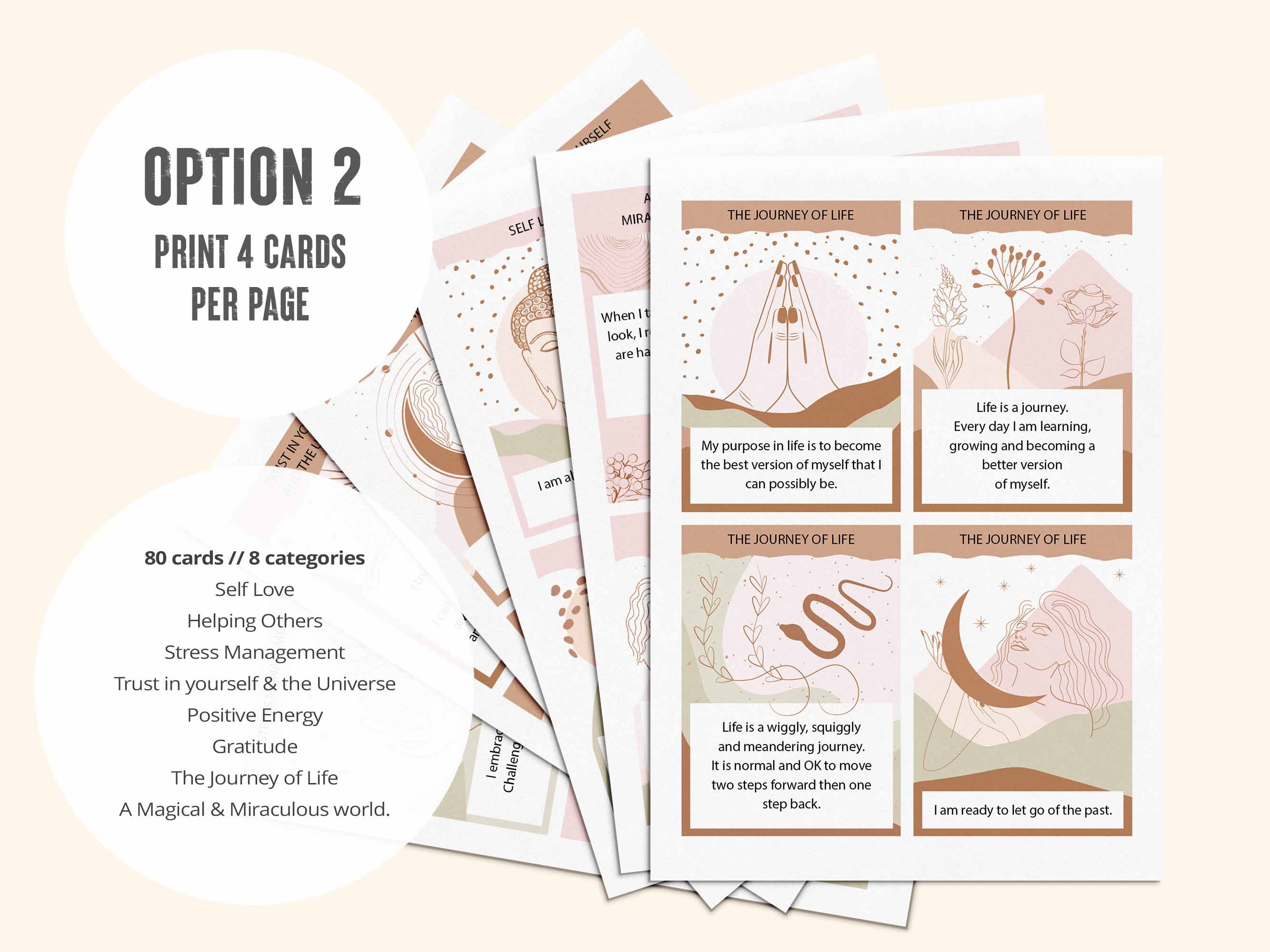 The second PDF has all 80 printable positive affirmation cards laid out 4 per page.