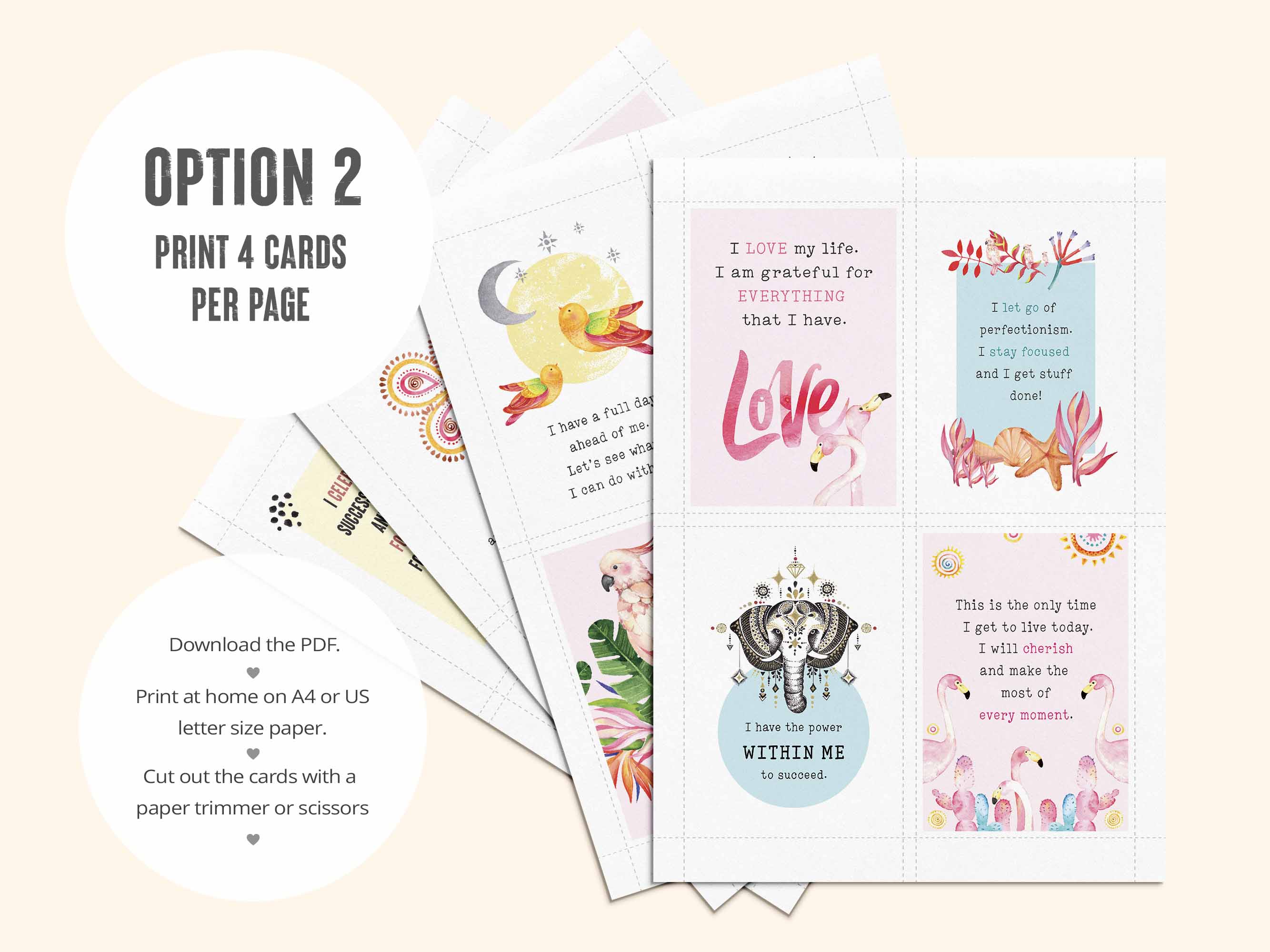 The second PDF has all 16 printable powerful morning affirmation cards laid out 4 per page.