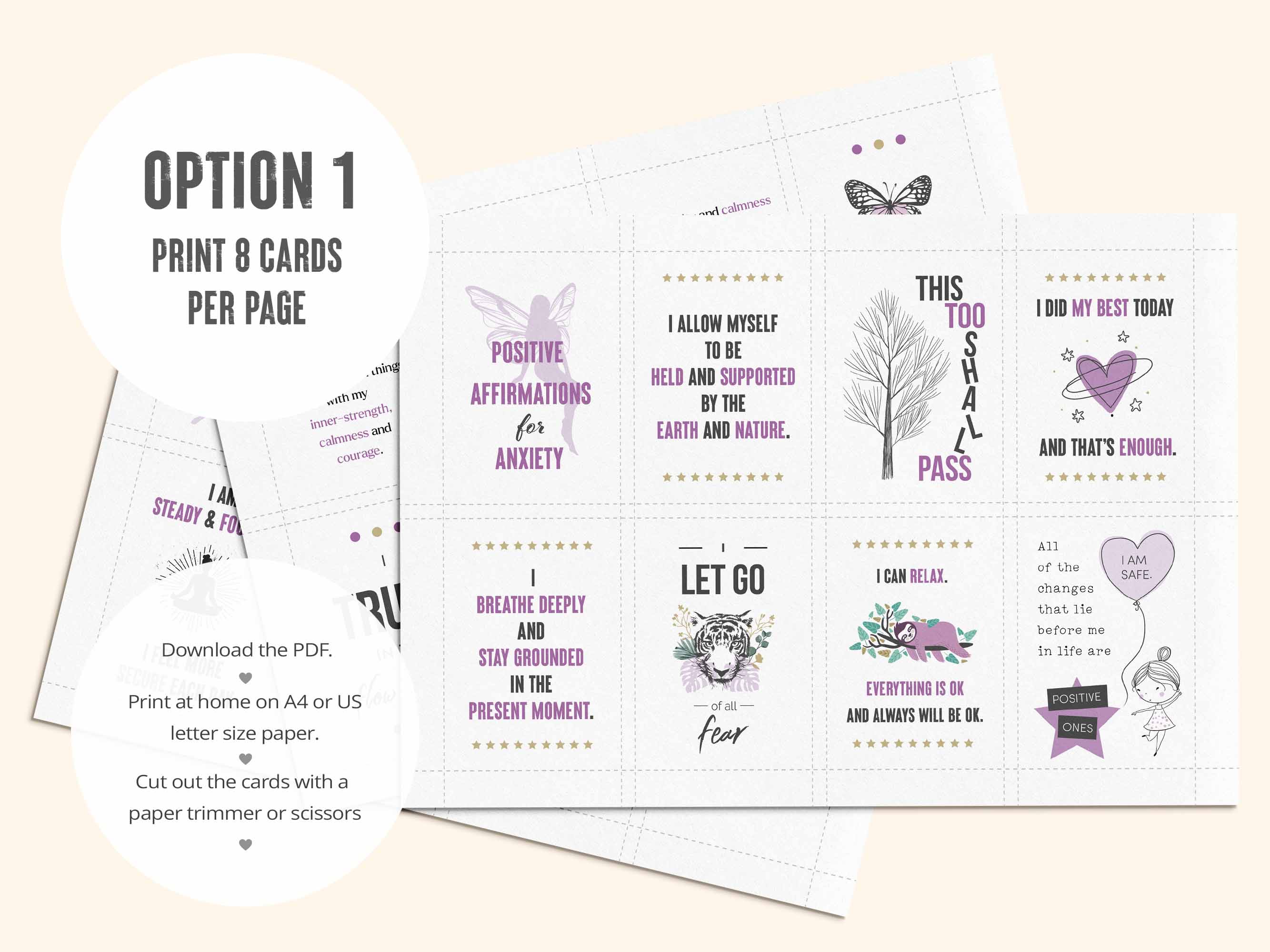 The first PDF has all 39 printable positive affirmation cards for anxiety laid out 8 per page.