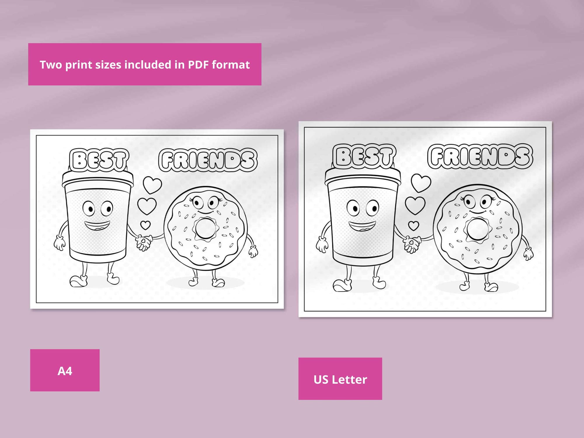 Coloring page is provided in PDF format, and A4 and US Letter print sizes.