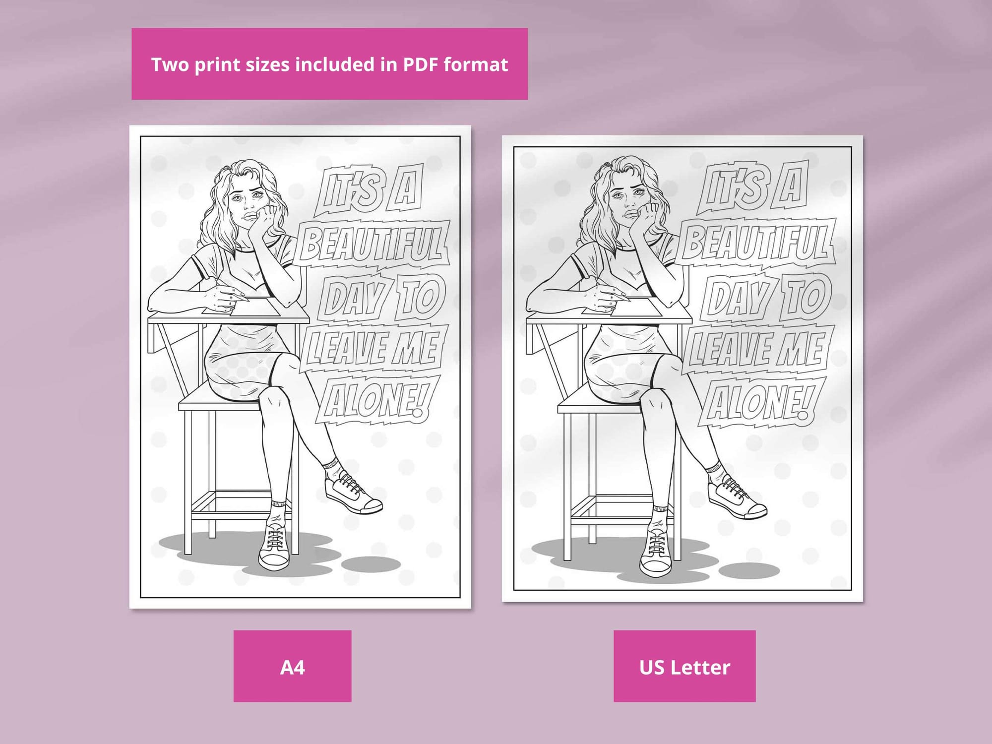 Coloring page is provided in PDF format, and A4 and US Letter print sizes.