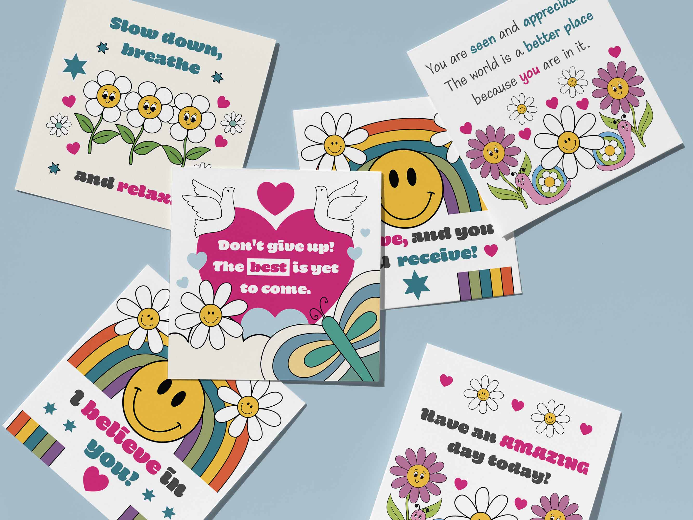 Random act of kindness cards in bright, bold, fun, flower power style.