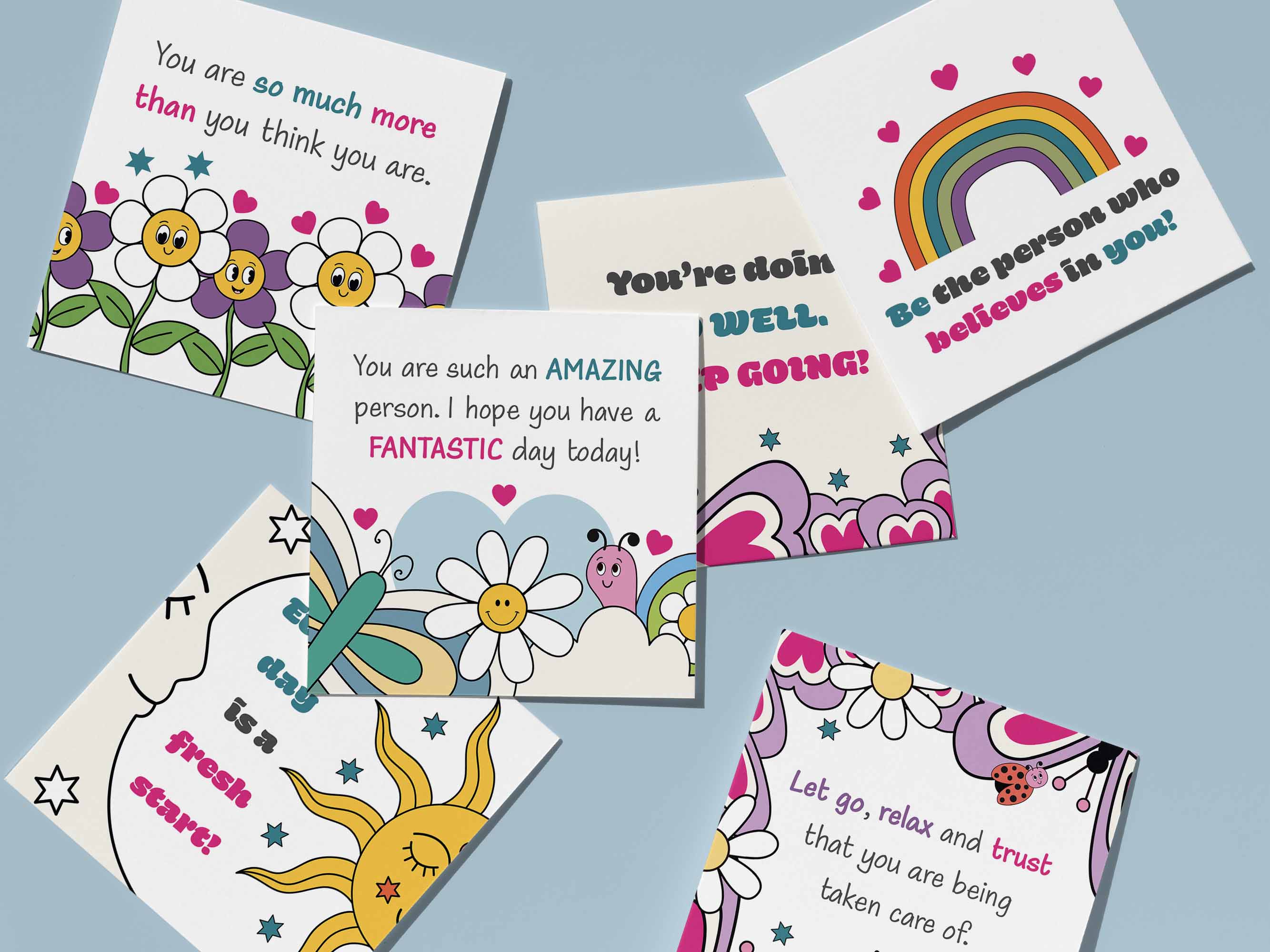 Encouragement notes in bright, bold, fun, flower power style.