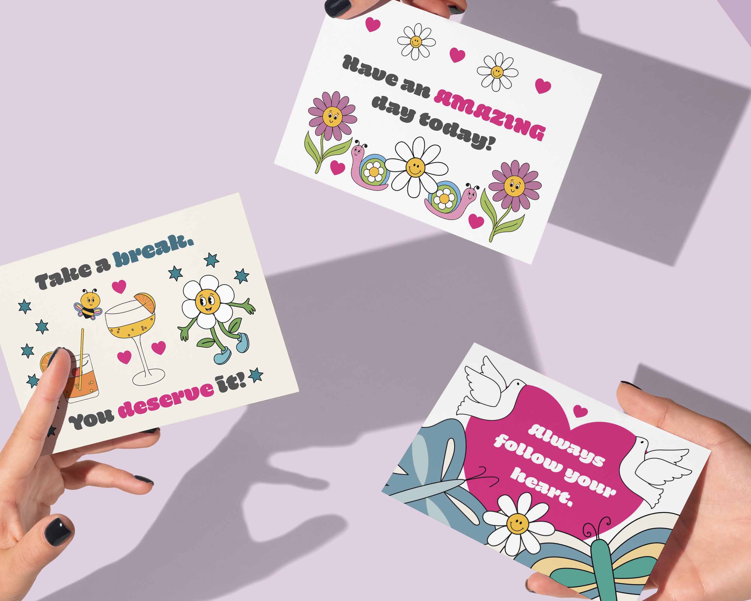 Random act of kindness cards in bright, bold, fun, flower power style.