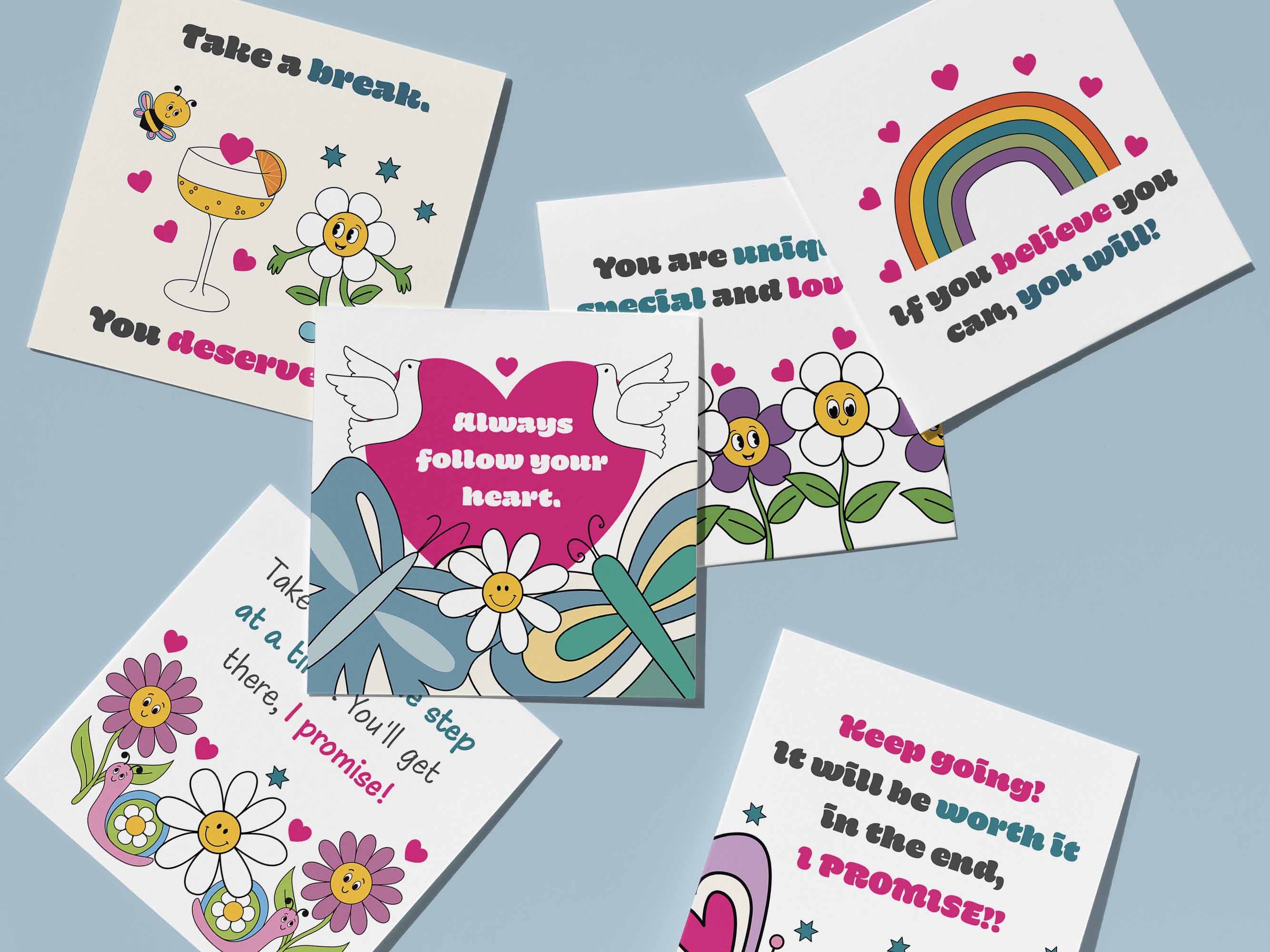 Random act of kindness cards in bright, bold, fun, flower power style.