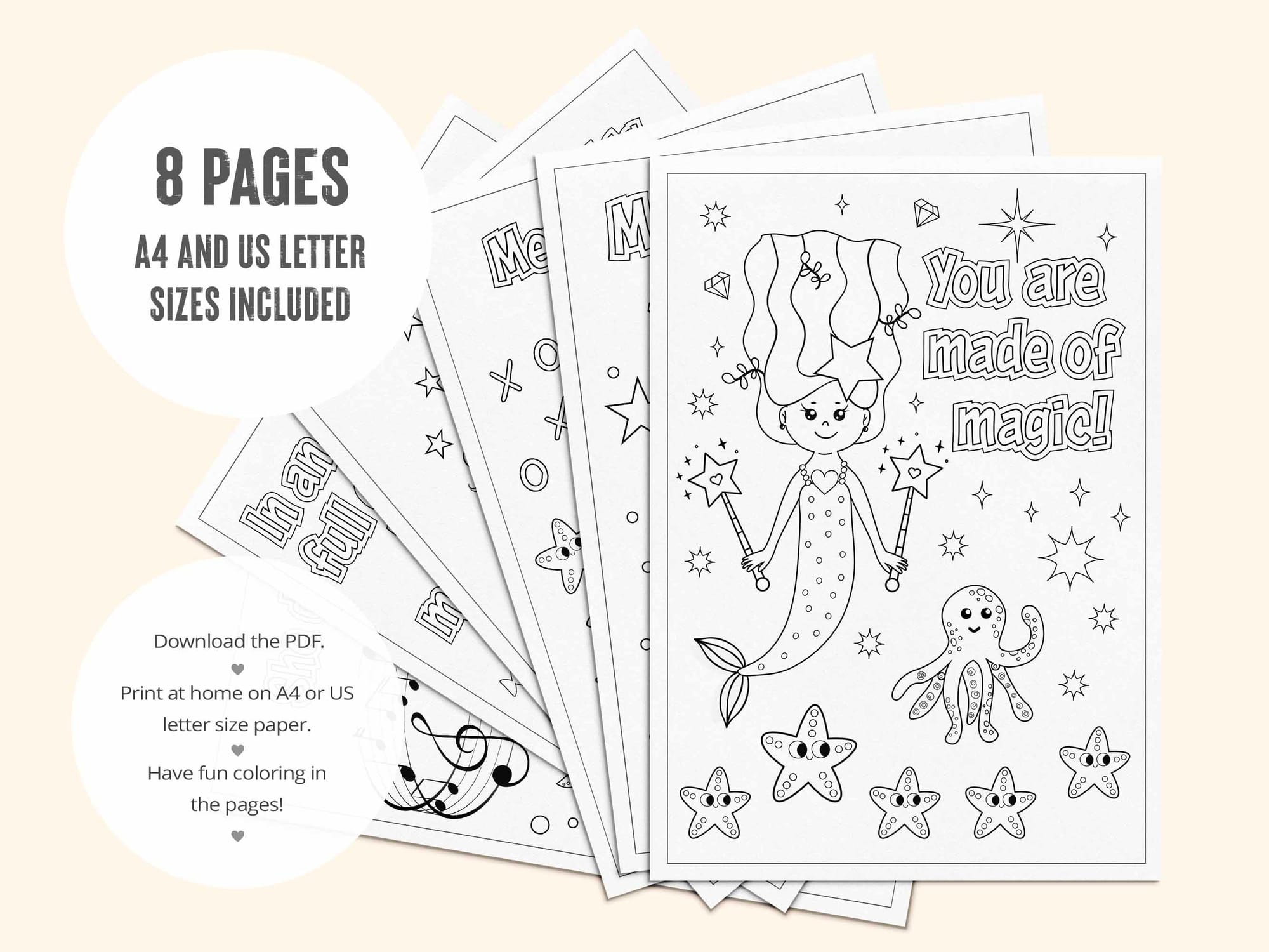 8 printable coloring pages for kids with uplifting mermaid quotes. 