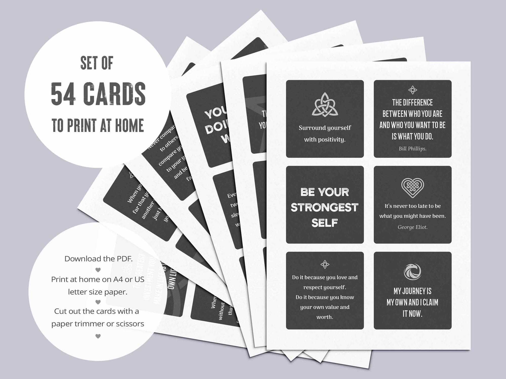 Printable PDF with all 54 positive affirmation cards for men laid out 6 per page.