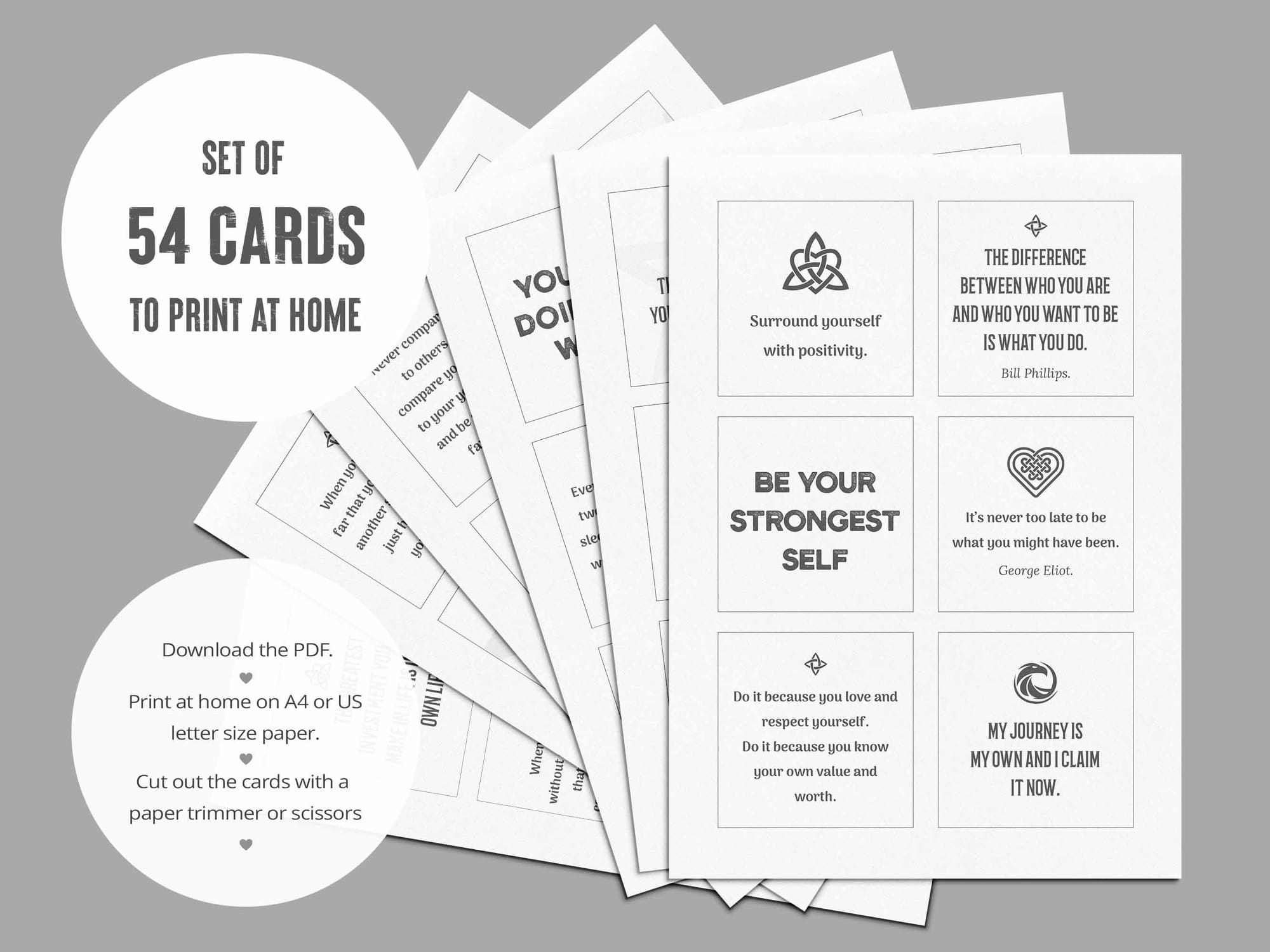 Printable PDF with all 54 positive affirmation cards for men laid out 6 per page.