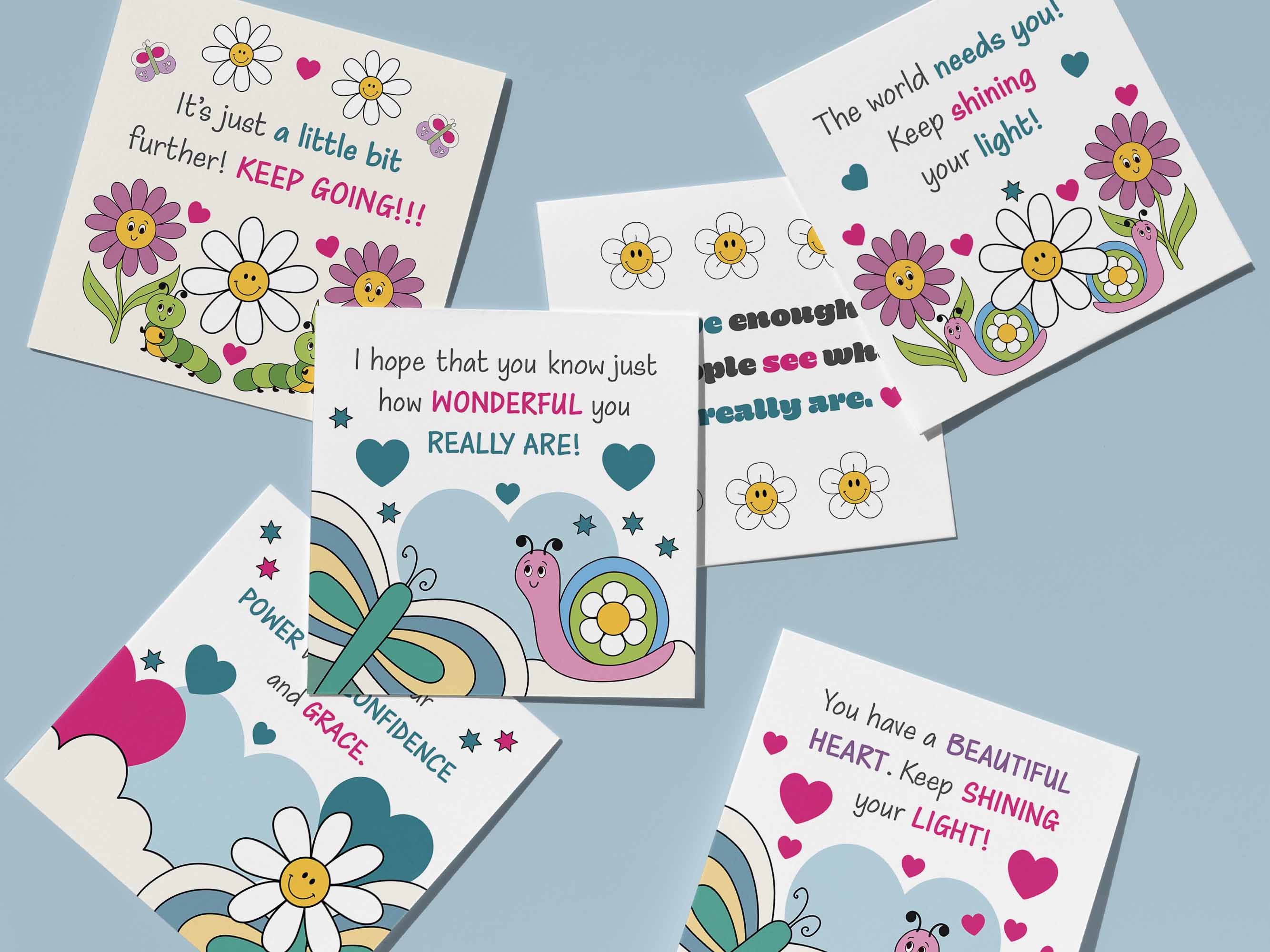 Random act of kindness cards in bright, bold, fun, flower power style.