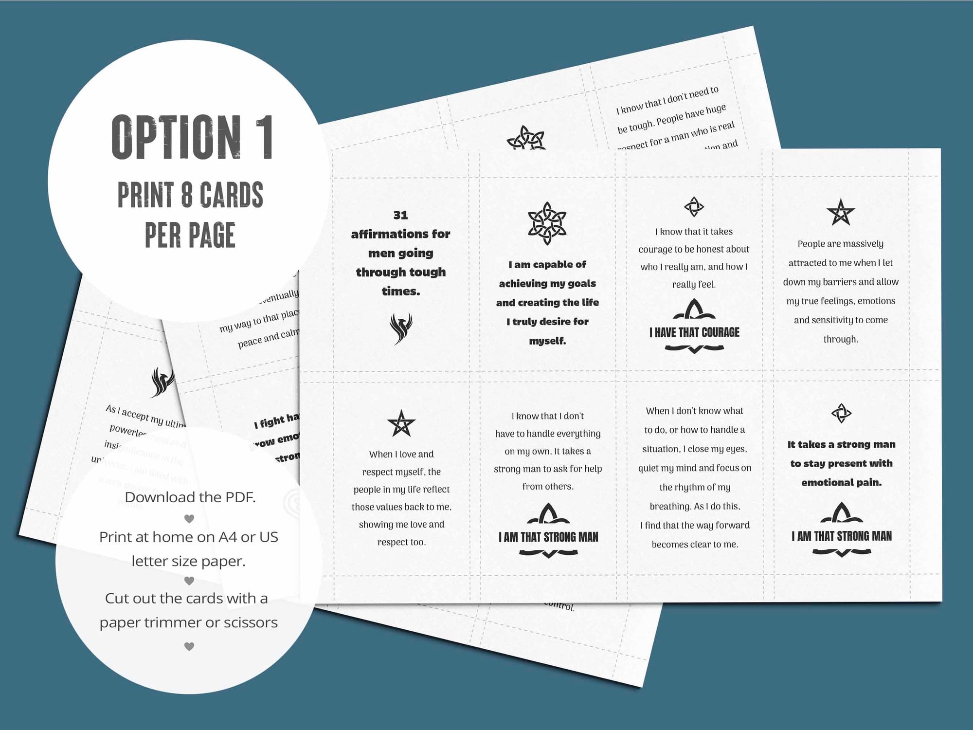 The first PDF has all 31 positive affirmation cards for men laid out 8 per page.