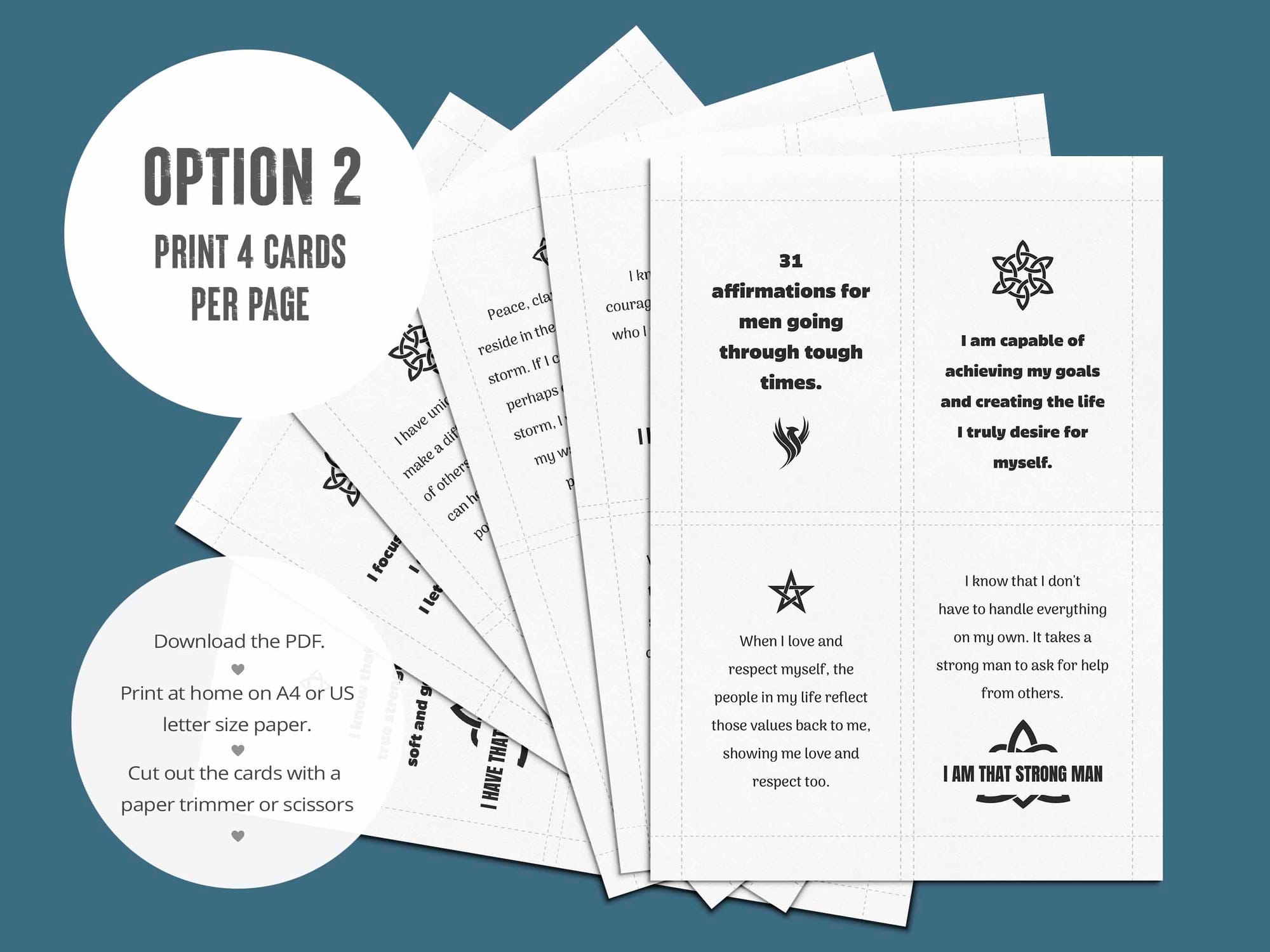 The second PDF has all 31 positive affirmation cards for men laid out 4 per page.