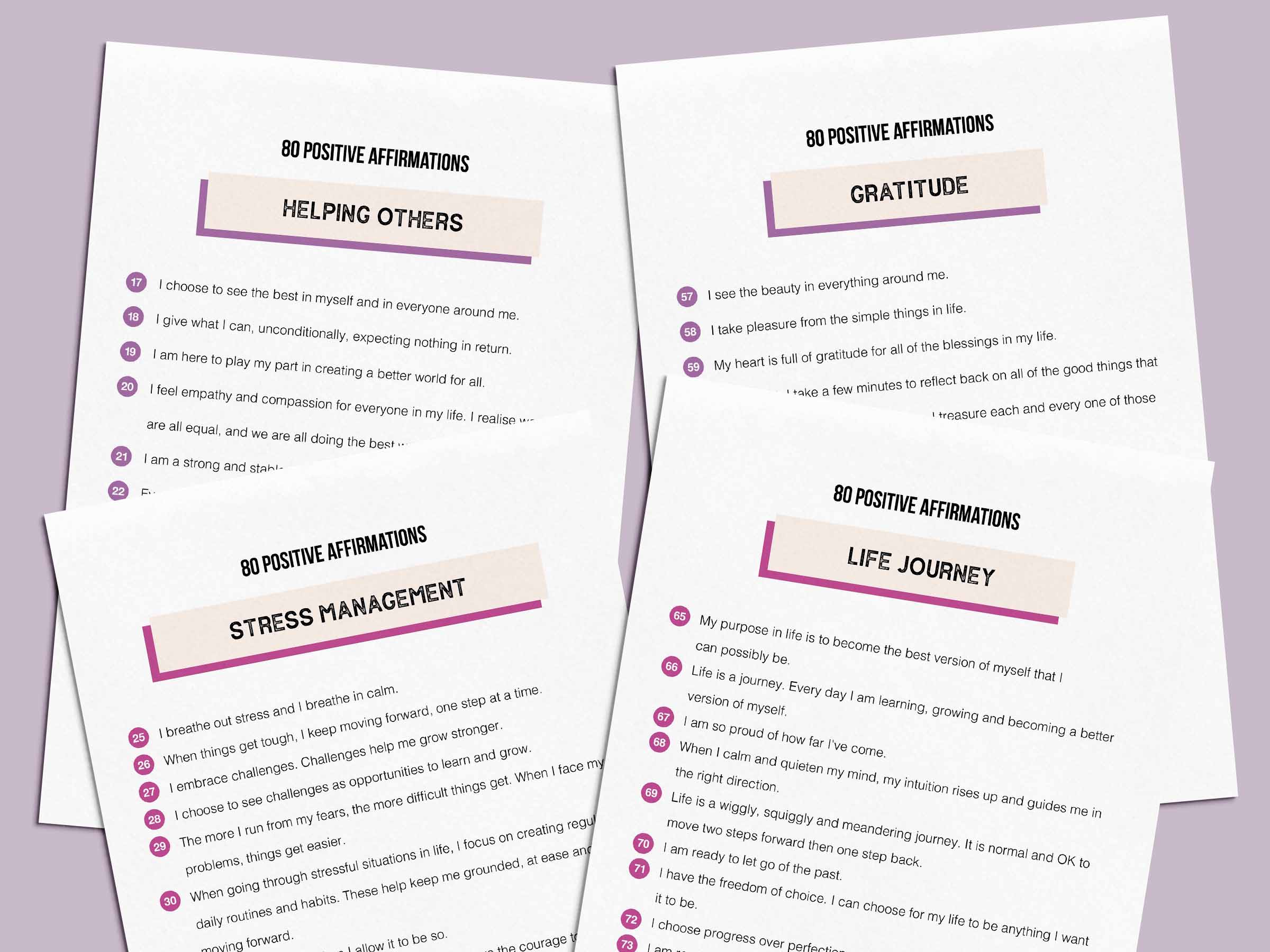 80 printable positive affirmations organised into 8 different themes.