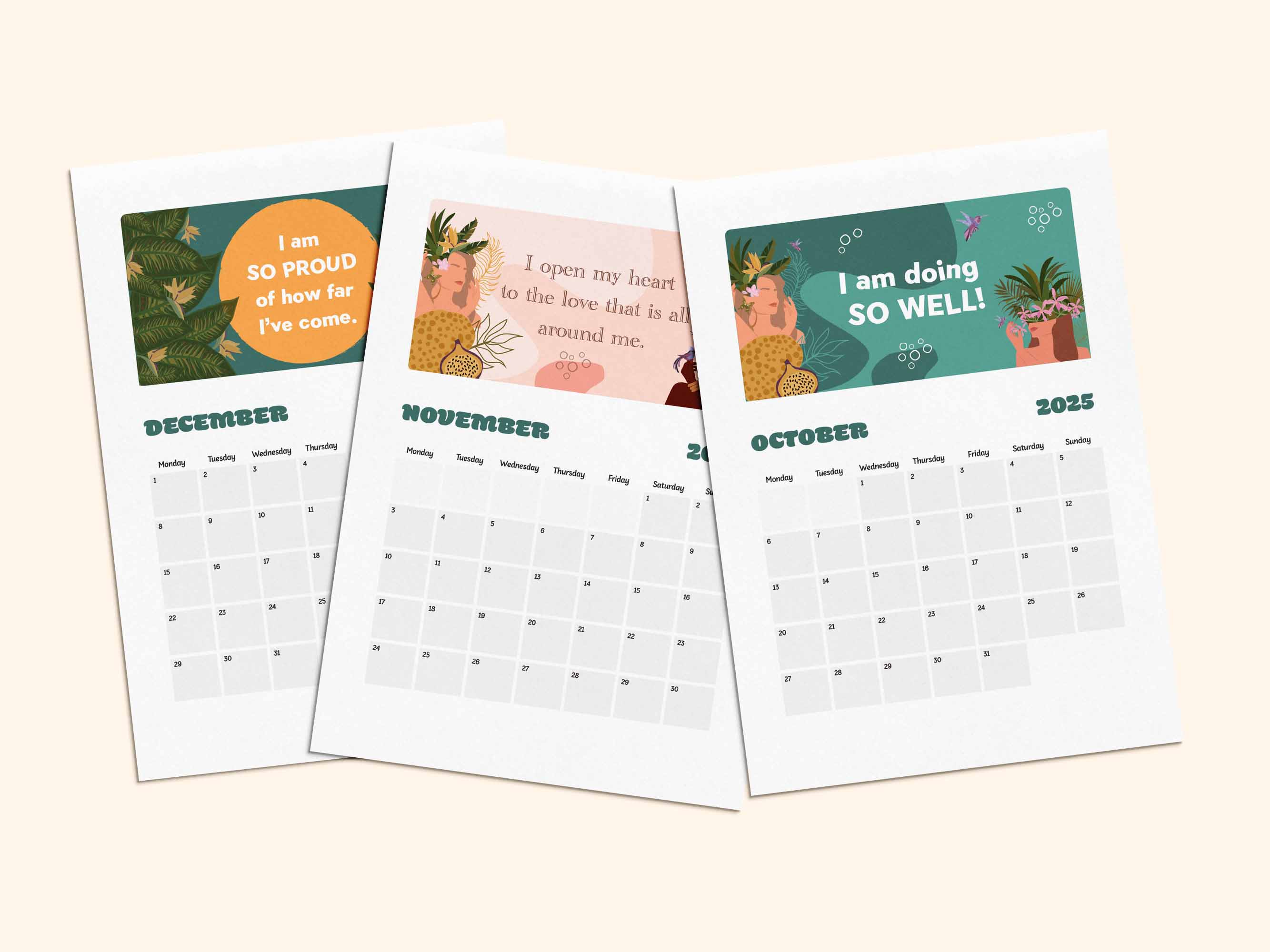 Printable positive affirmation calendar 2025 - October, November, December. 