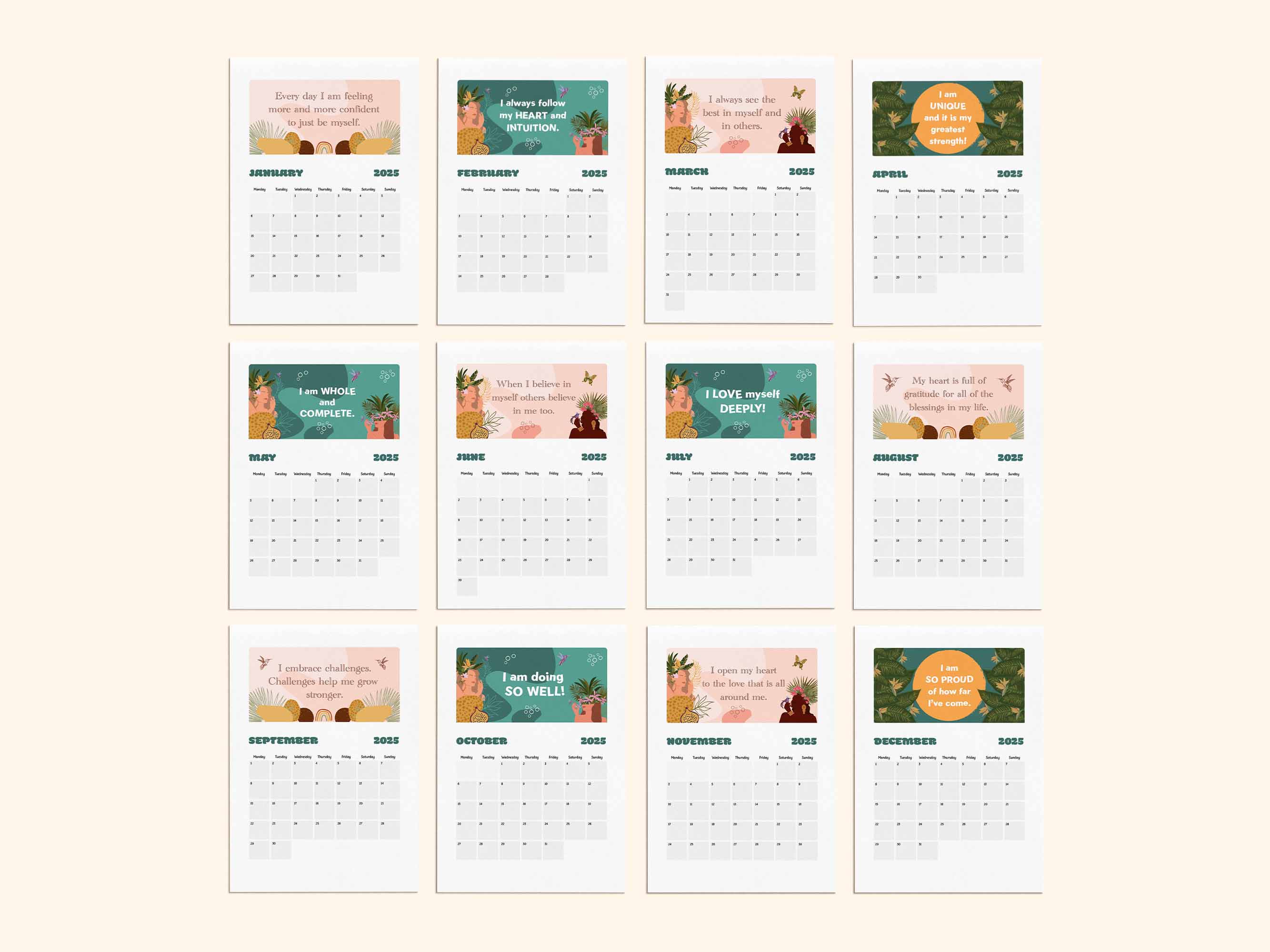 Printable positive affirmation calendar 2025 - monthly calendar. 