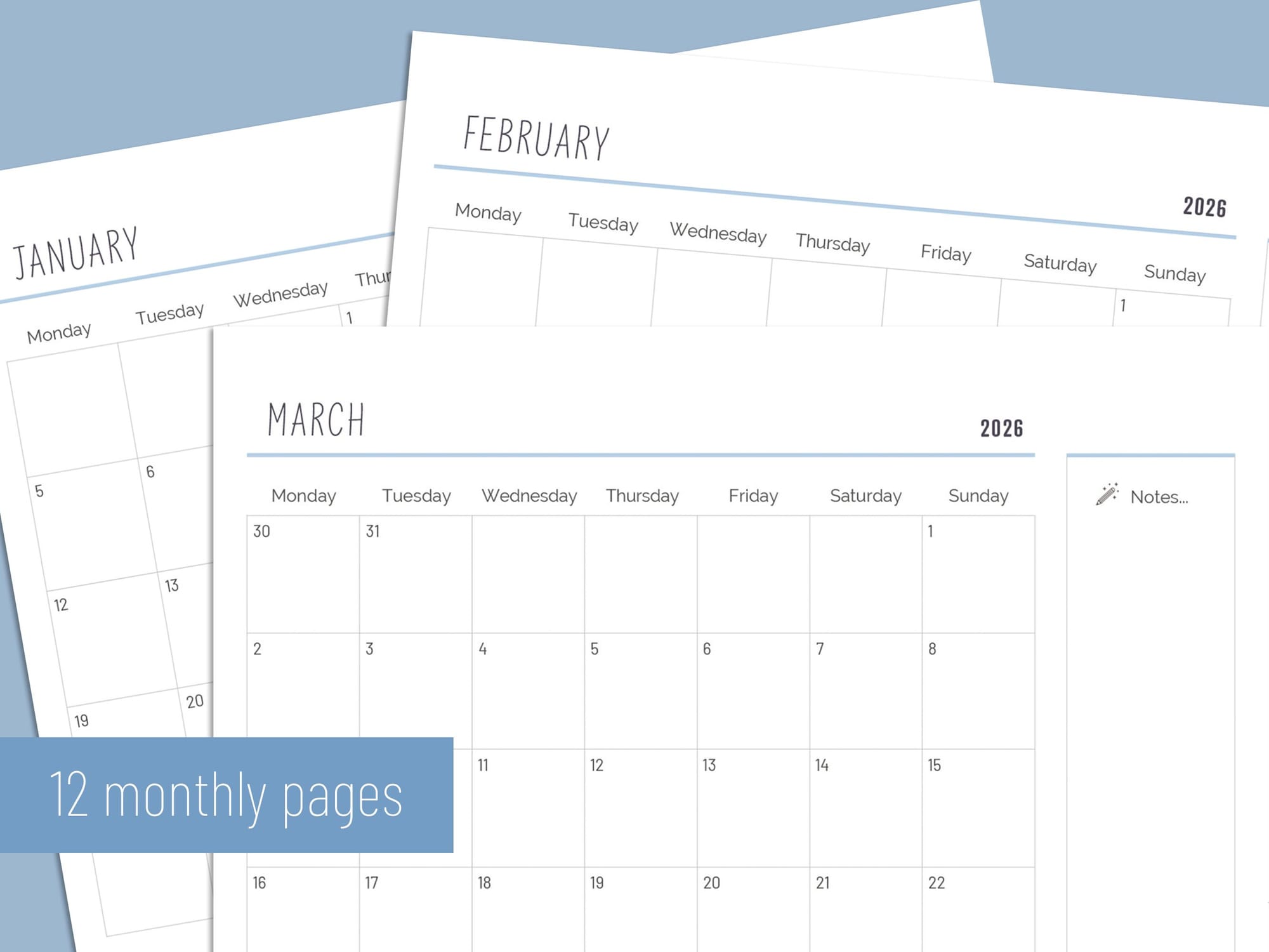 2026 printable calendar with 12 monthly pages