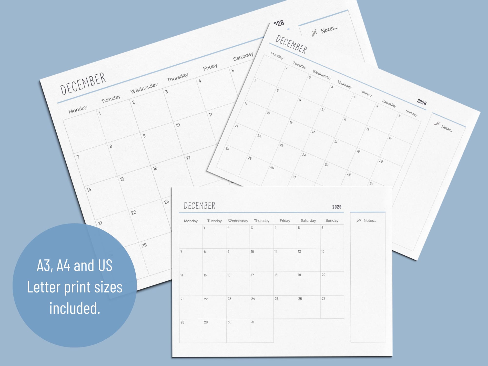 2025 printable desk calendar - A3, A4 and US Letter print sizes included.