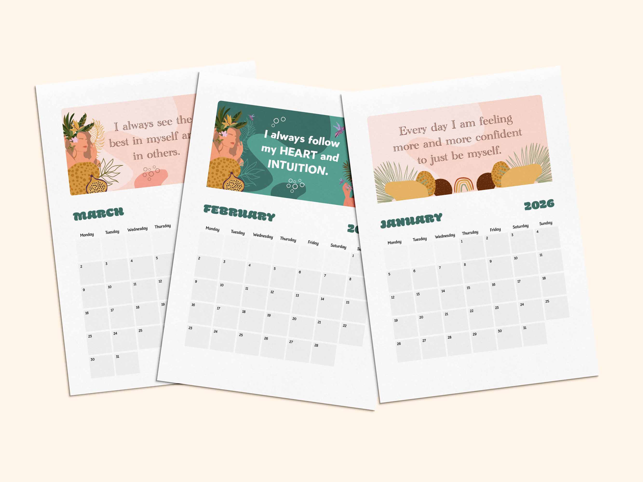 Printable positive affirmation calendar 2026 - Jan, Feb, March.