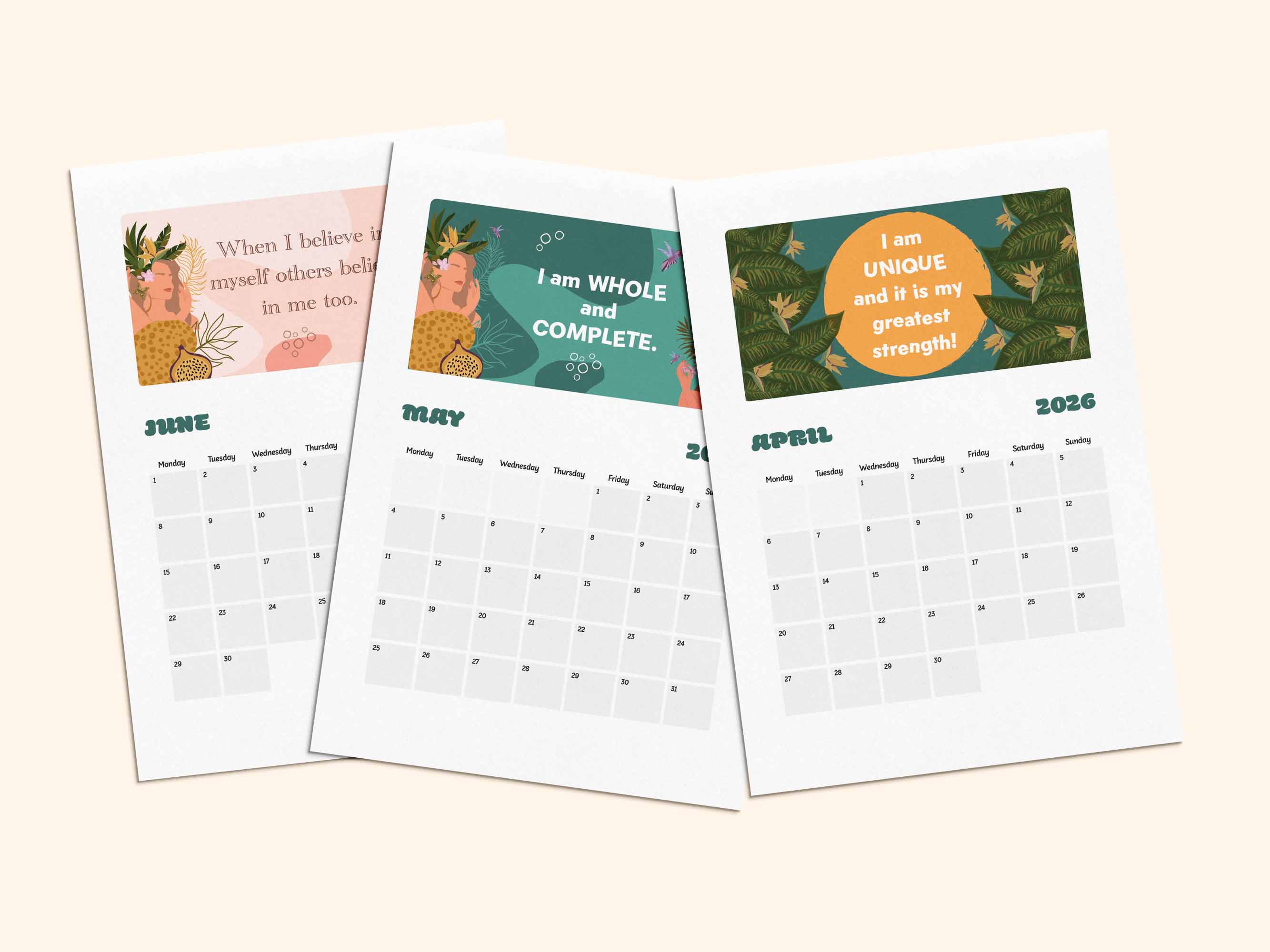 Printable positive affirmation calendar 2026 - April, May, June.