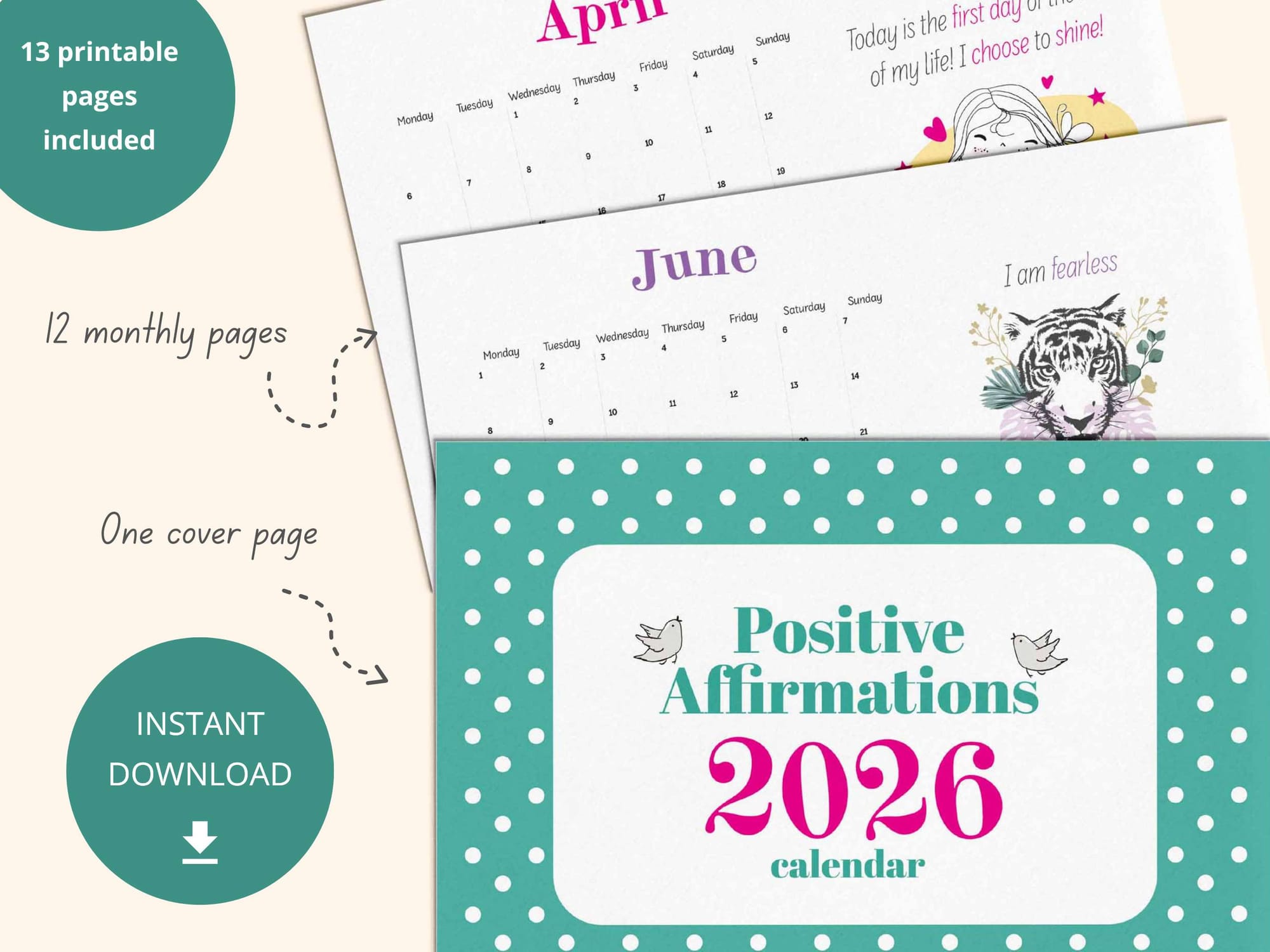 The calendar includes 13 printable pages in total - 12 monthly pages plus one cover page.