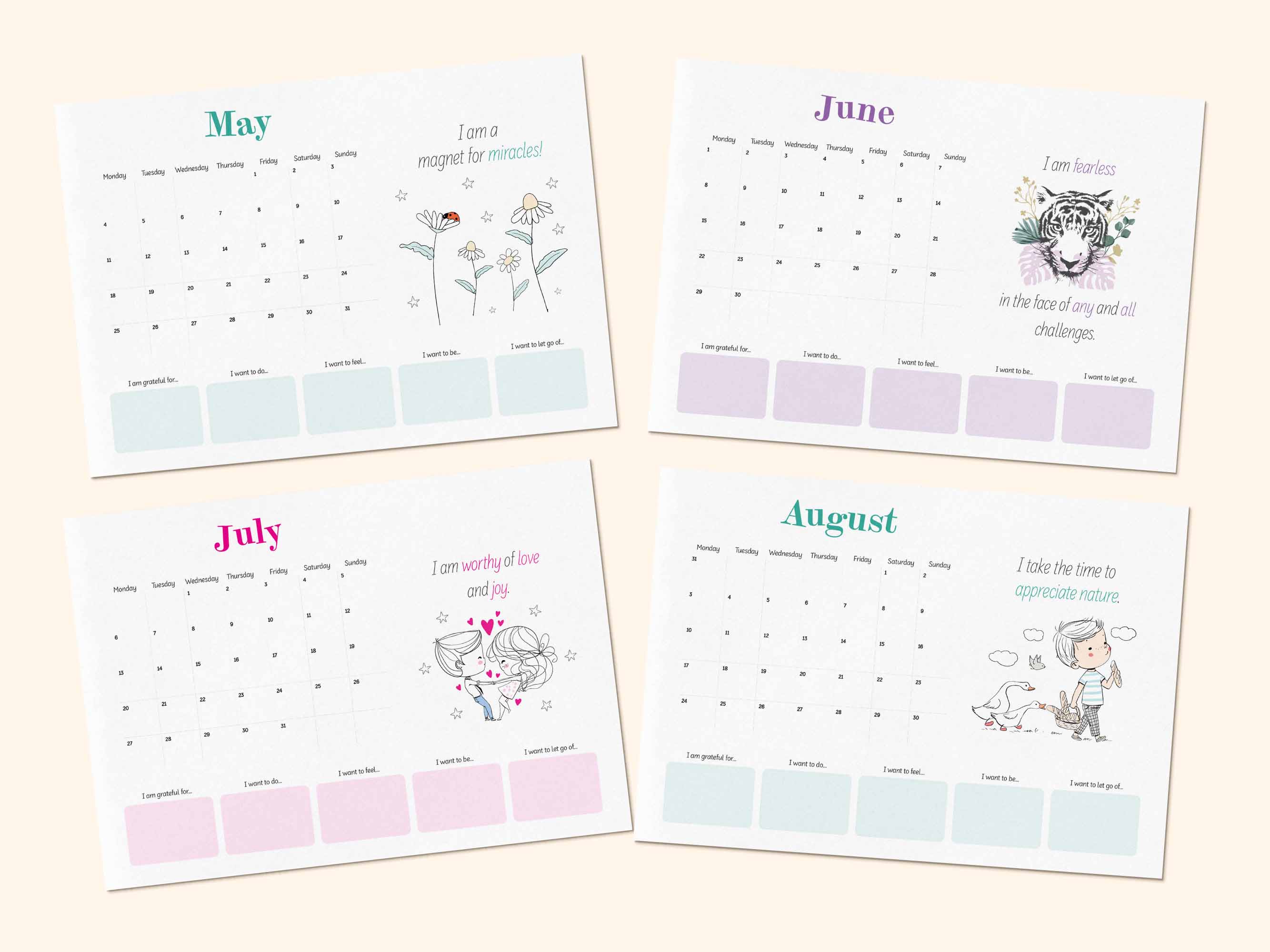 Printable positive affirmation calendar 2026 - May, June, July, August.