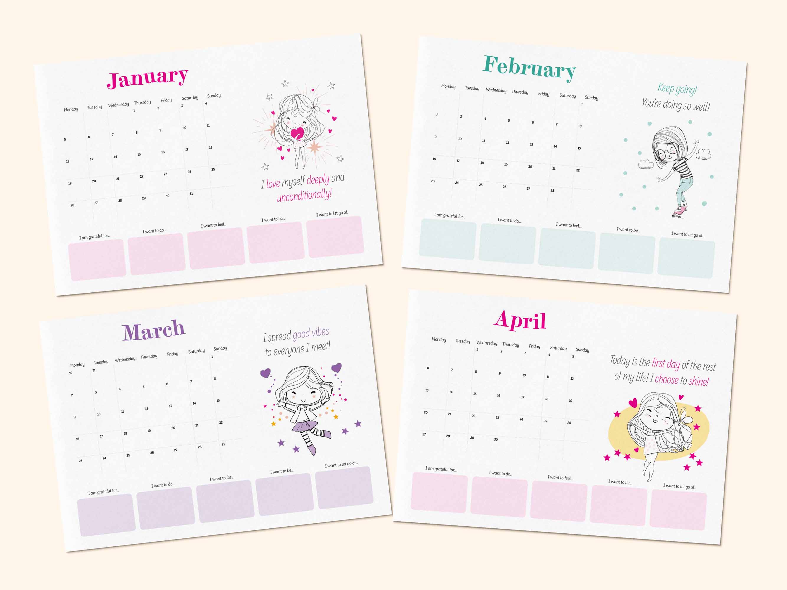 Printable positive affirmation calendar 2026 - January, February, March, April.