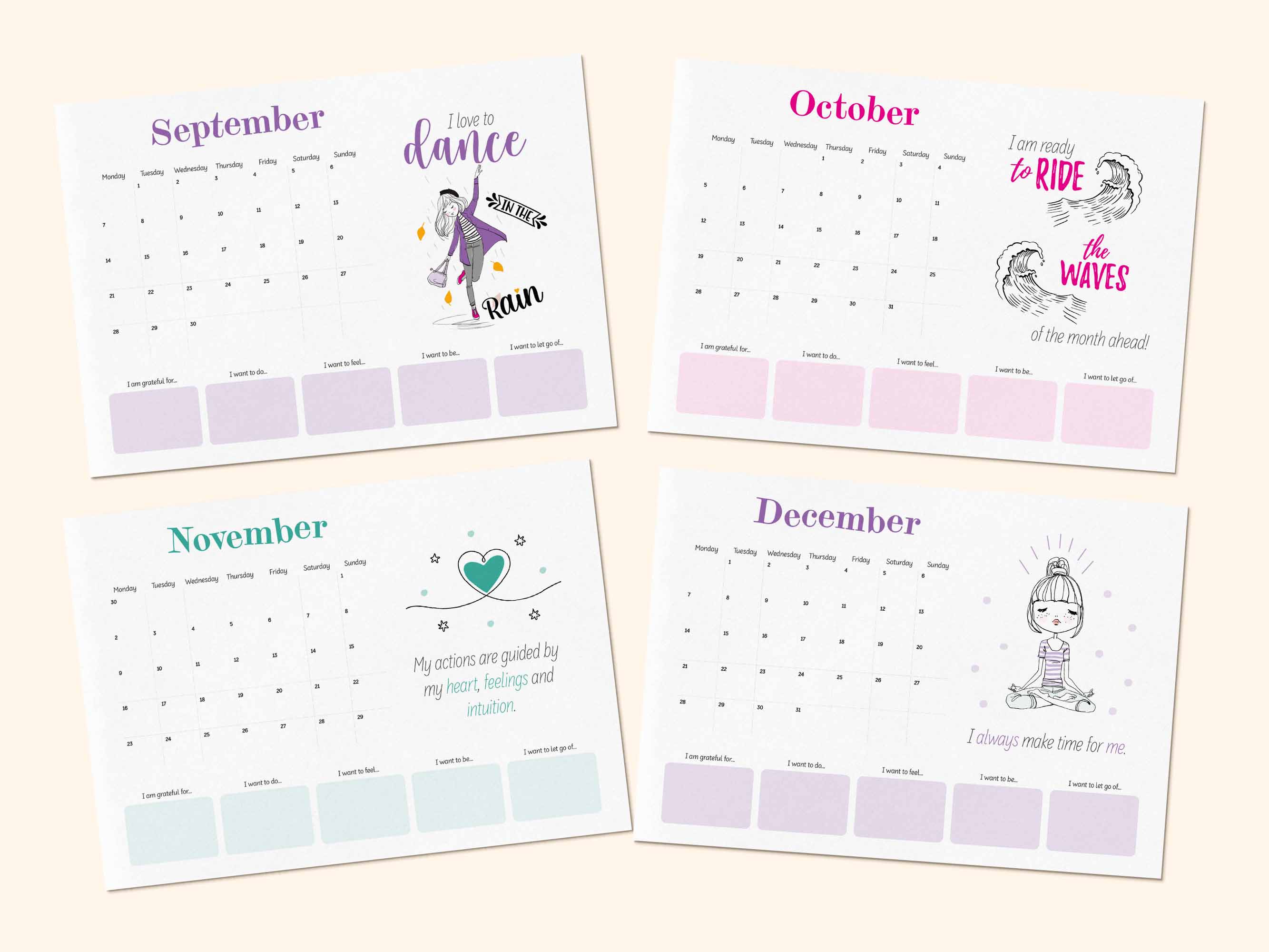 Printable positive affirmation calendar 2026 - September, October, November, December.