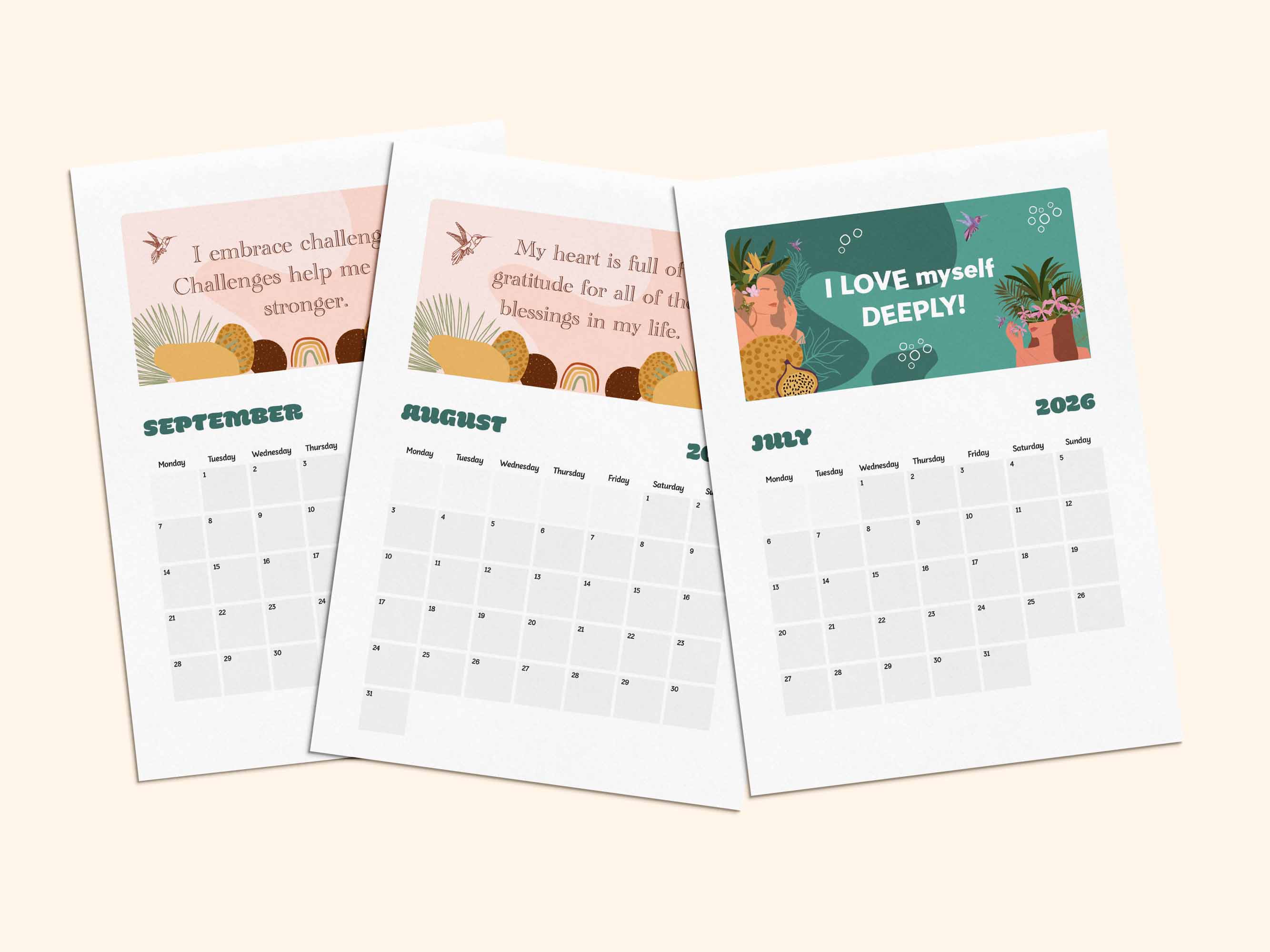 Printable positive affirmation calendar 2026 - July, August, September.
