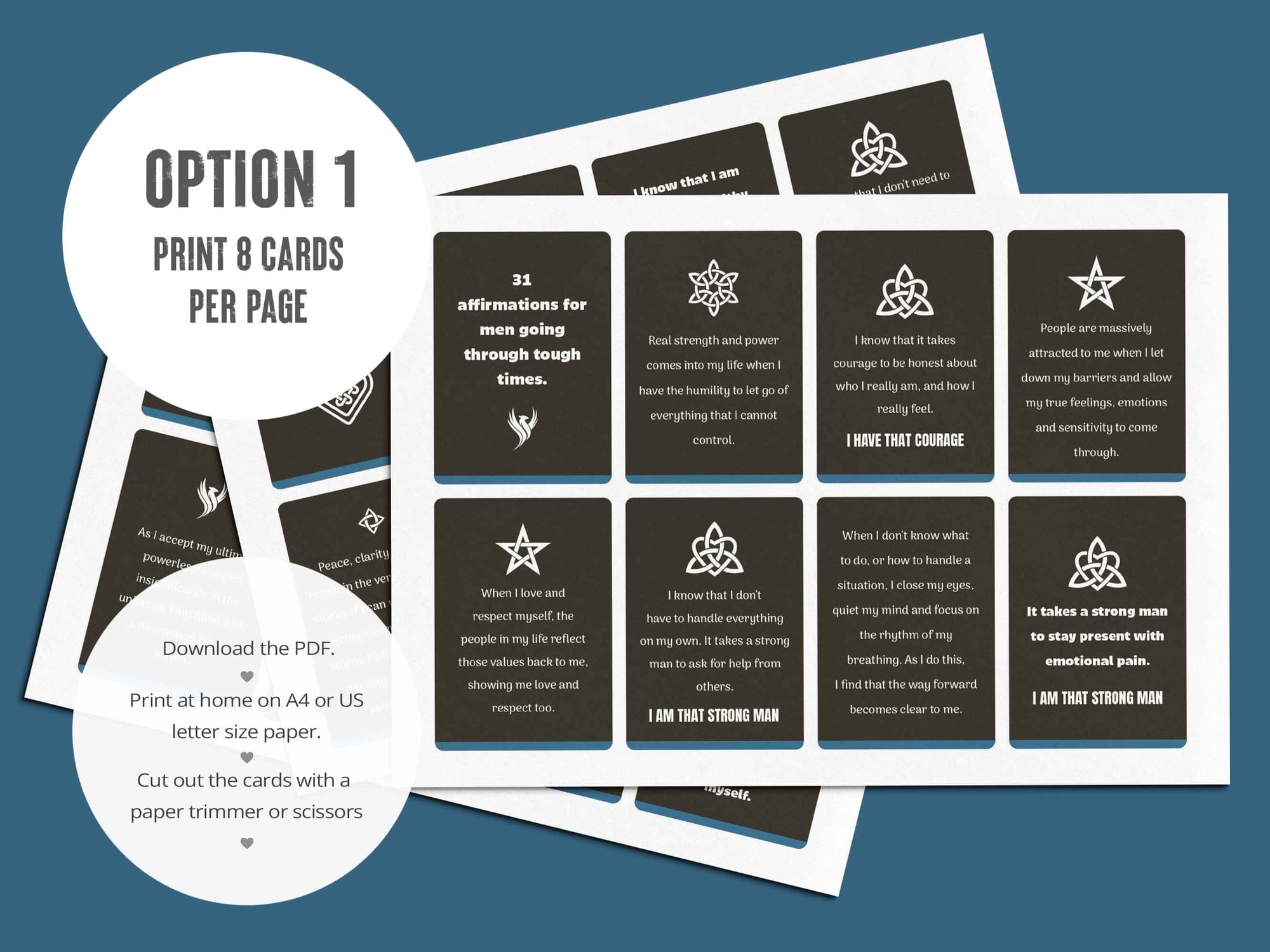 The first PDF has all 31 positive affirmation cards for men laid out 8 per page.