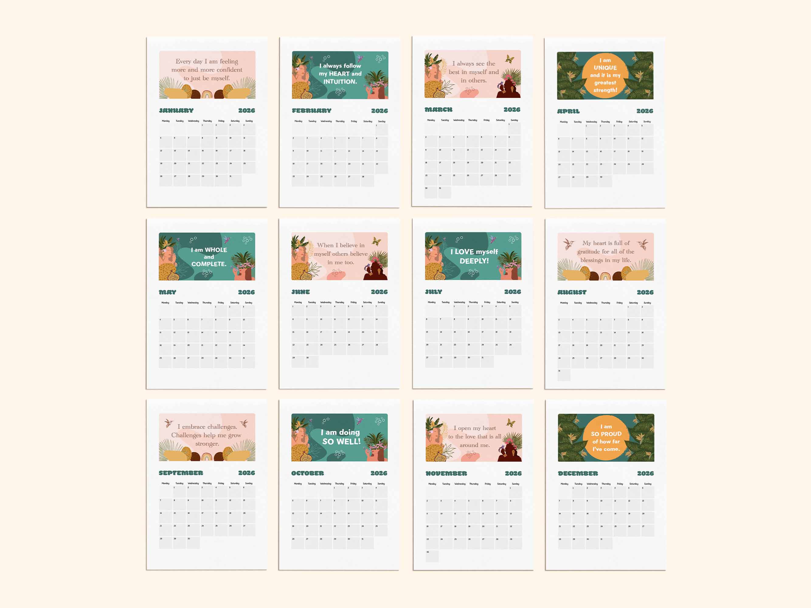 Printable positive affirmation calendar 2025 - monthly calendar.
