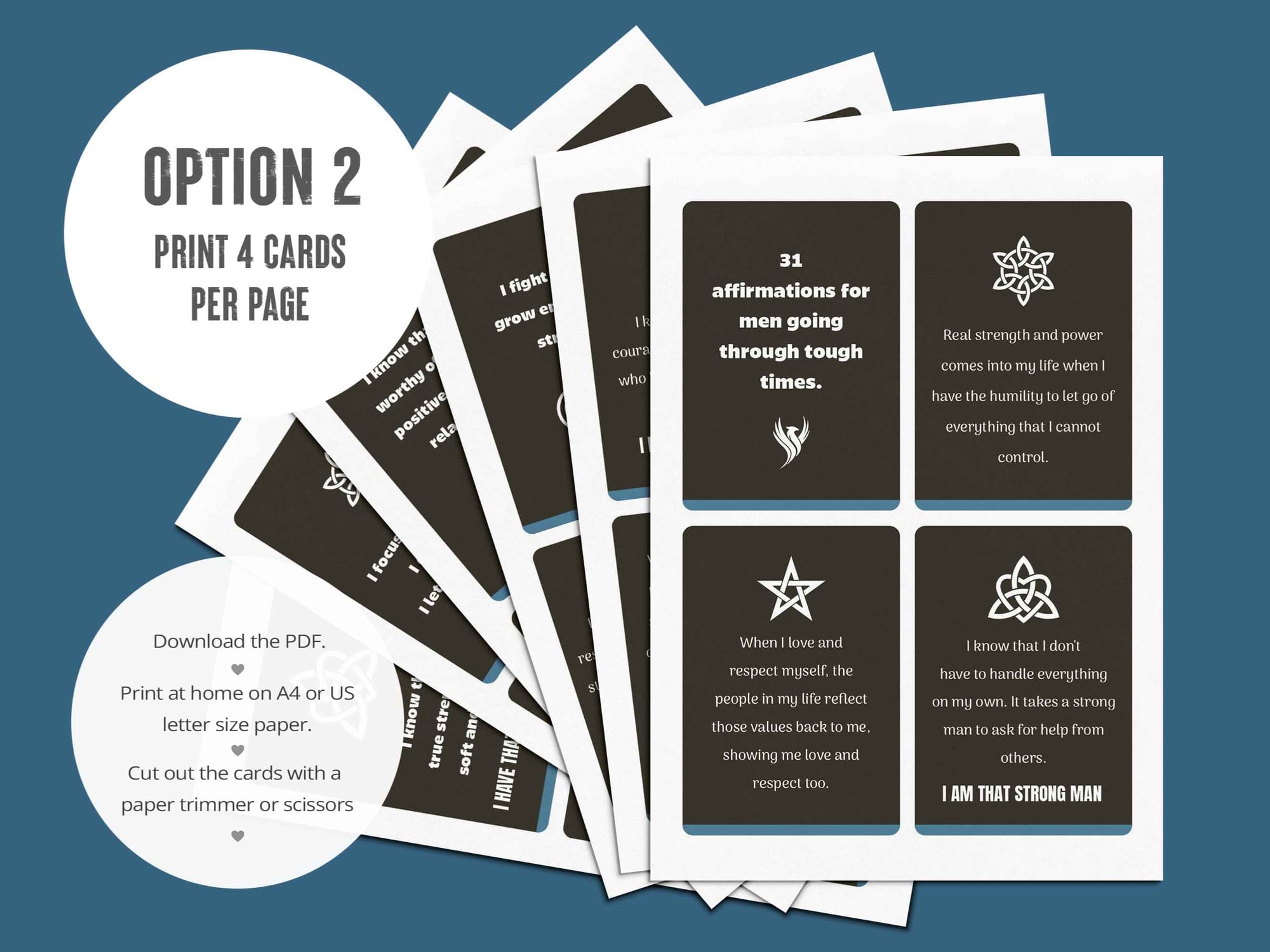 The second PDF has all 31 positive affirmation cards for men laid out 4 per page.