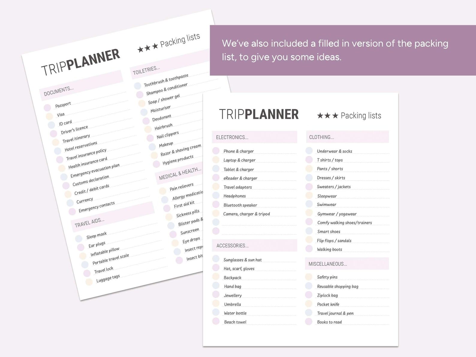 A pre-filled packing list is also included - to give you some ideas on what to pack.