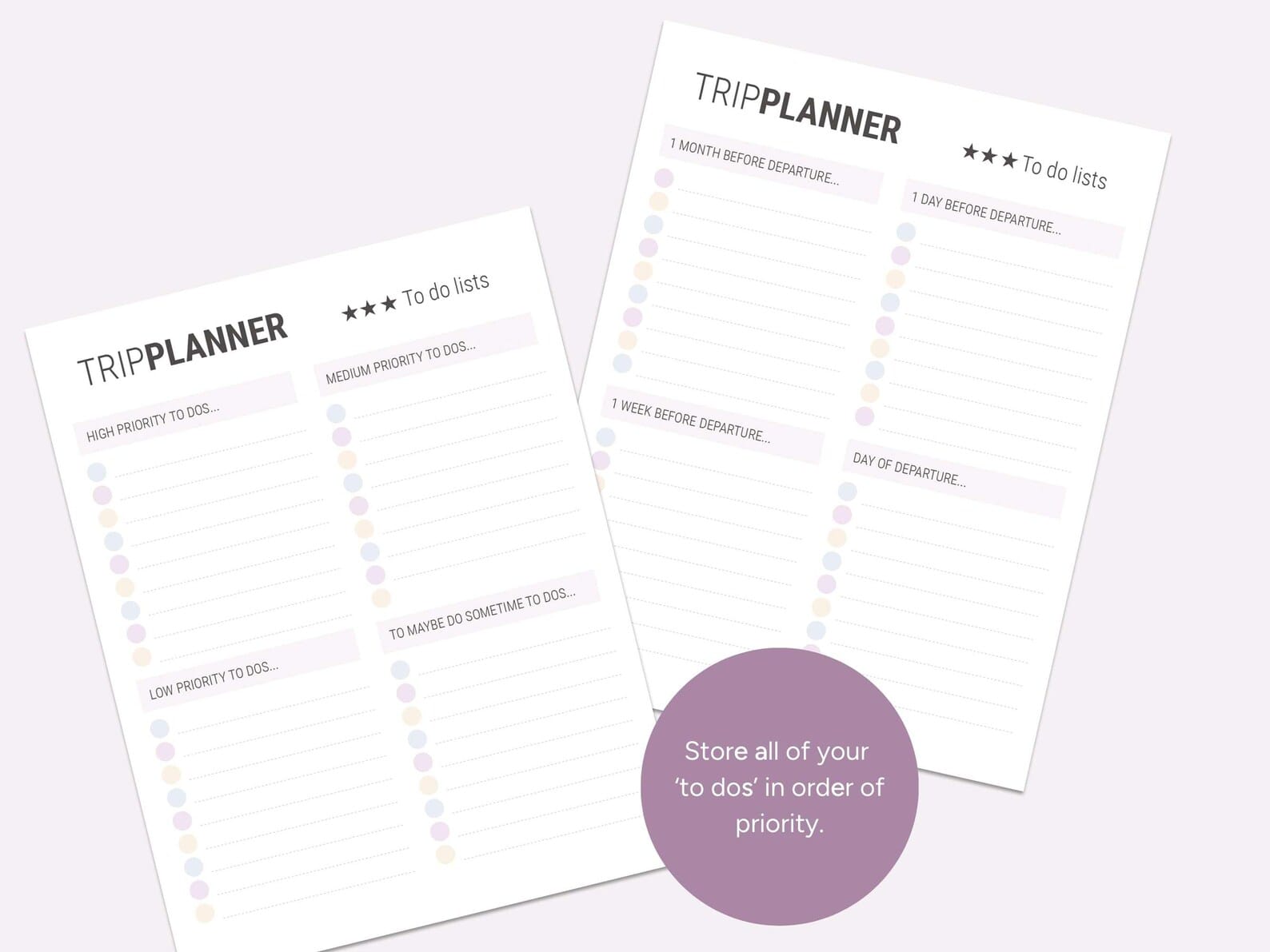 Track all of your 'to dos' in order of priority, using our to do lists - helpfully categorised into high priority, medium priority and low priority categories. Also included are countdown lists for '1 month before departure,' '1 week before departure,' '1 day before departure' and 'the day of departure.''