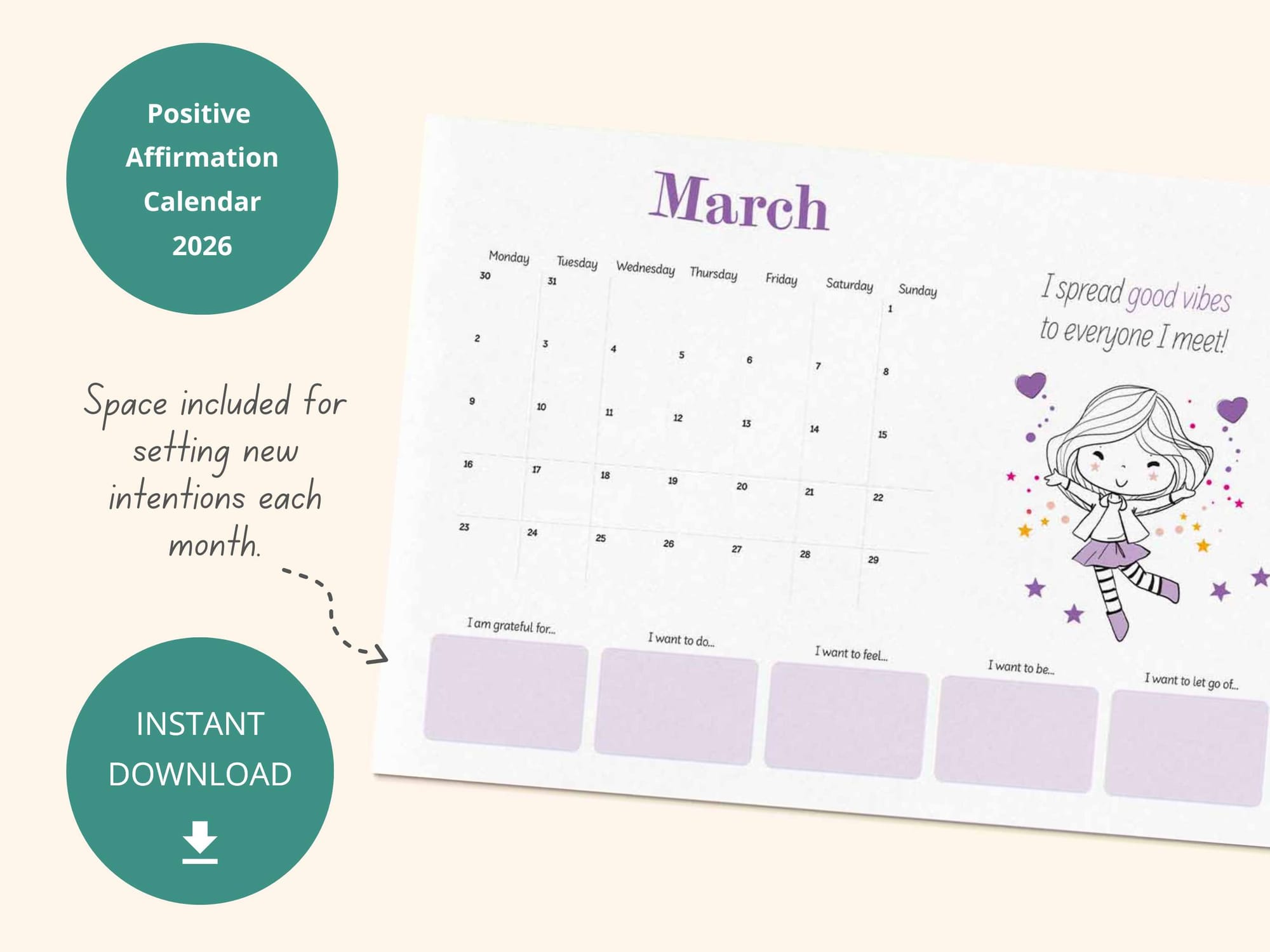 Printable positivity calendar 2026 - with space for setting monthly intentions.