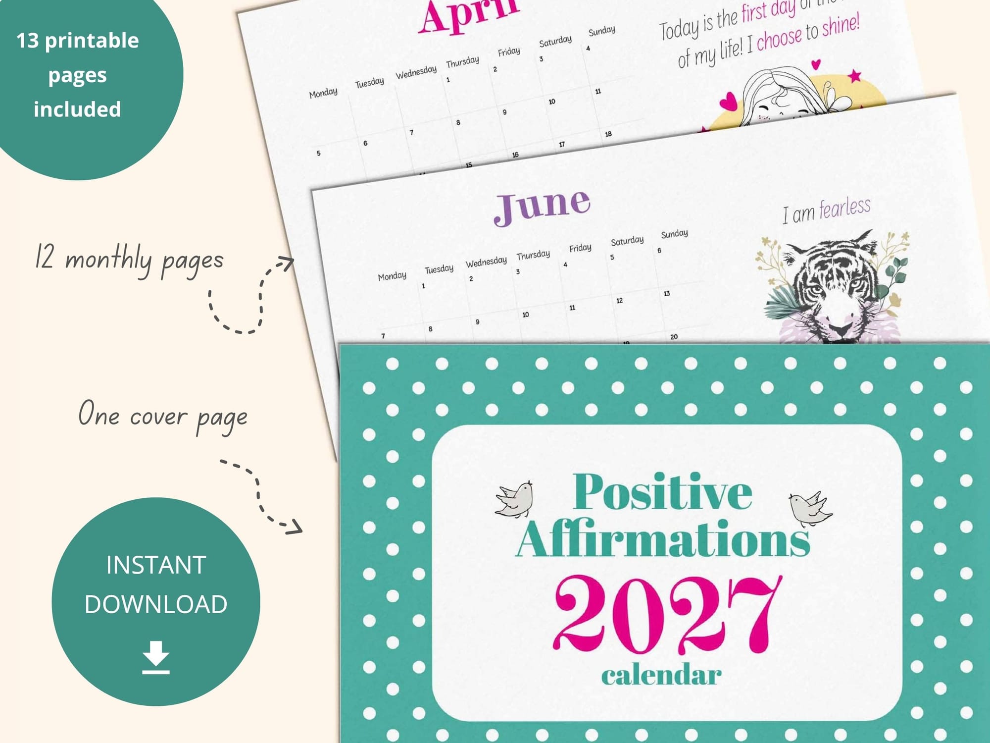 The calendar includes 13 printable pages in total - 12 monthly pages plus one cover page.