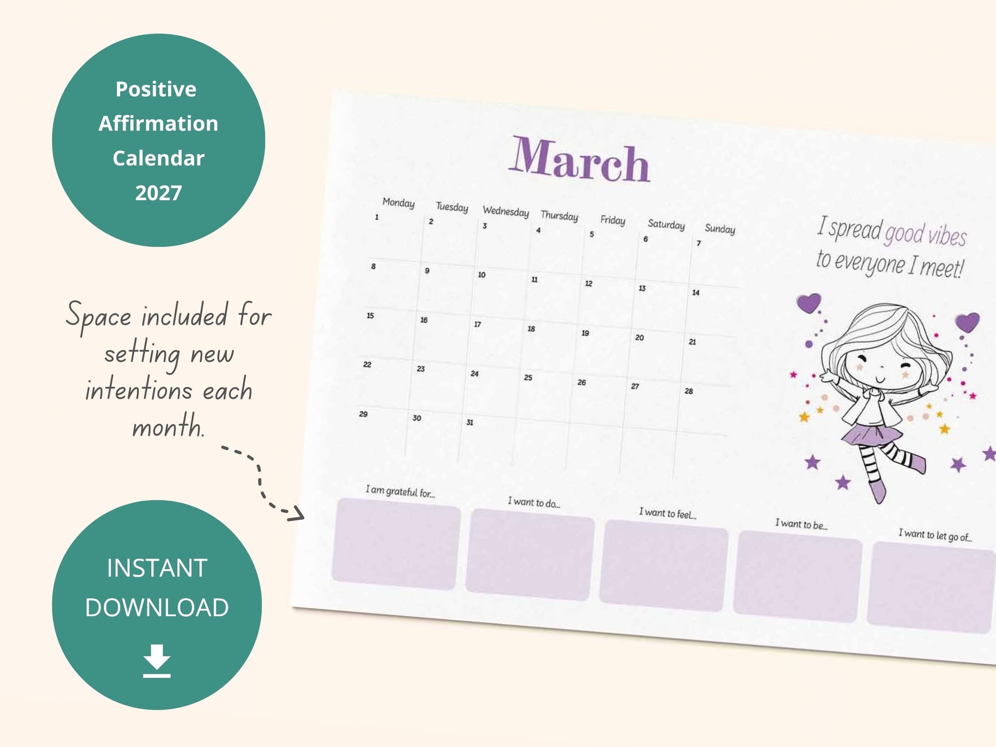 Printable positivity calendar 2027 - with space for setting monthly intentions.