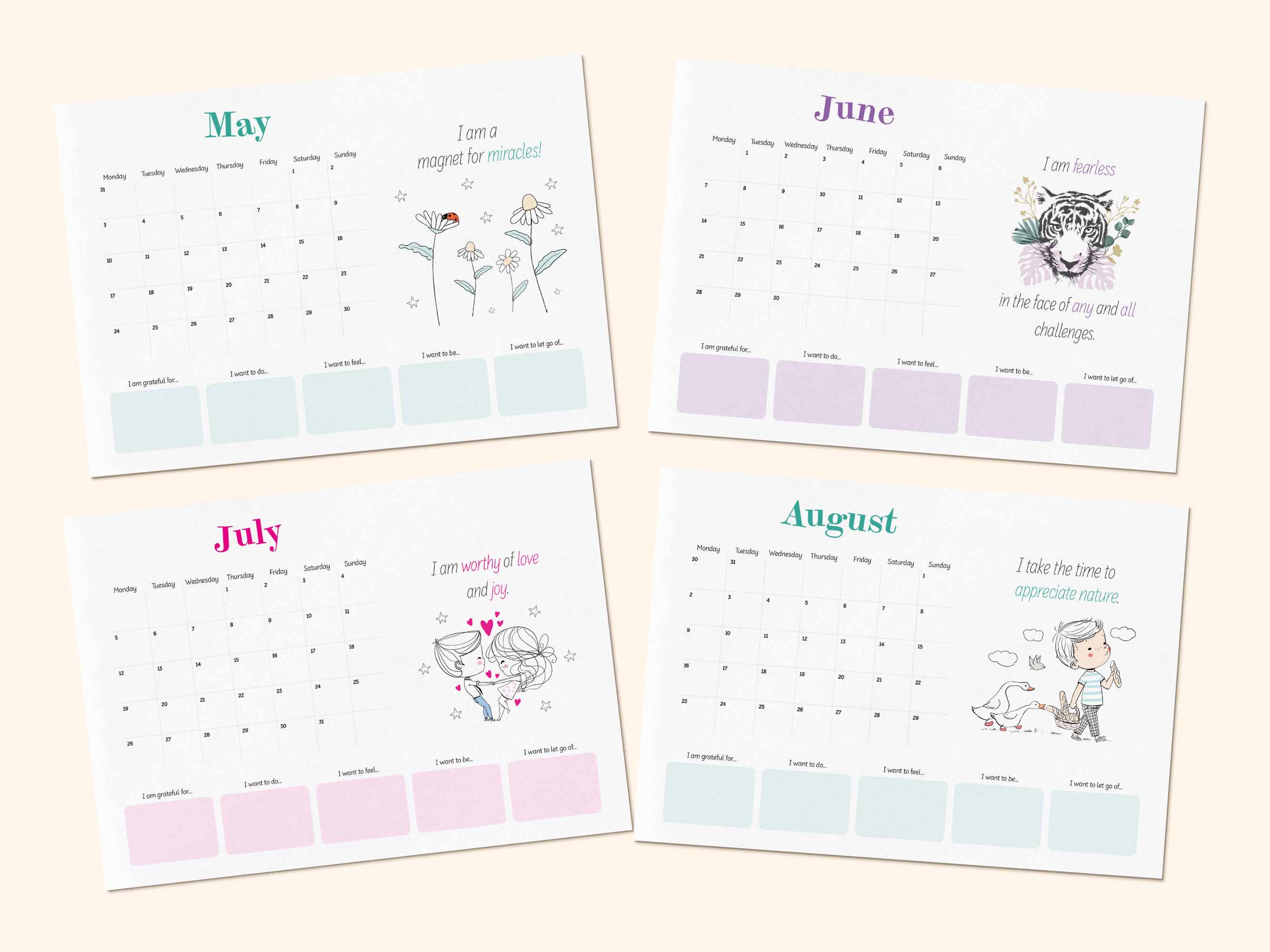 Printable positive affirmation calendar 2027 - May, June, July, August.