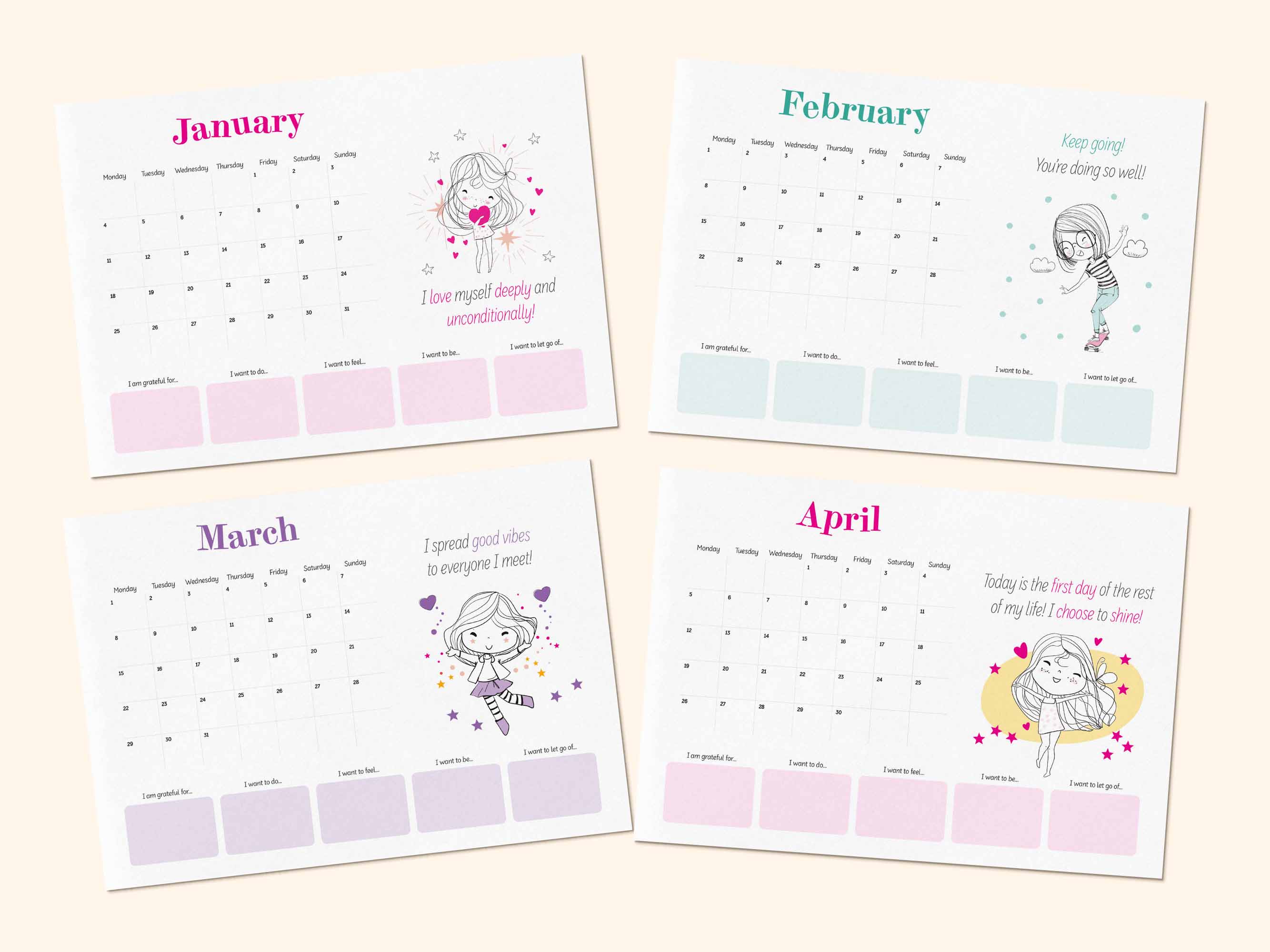 Printable positive affirmation calendar 2027 - January, February, March, April.