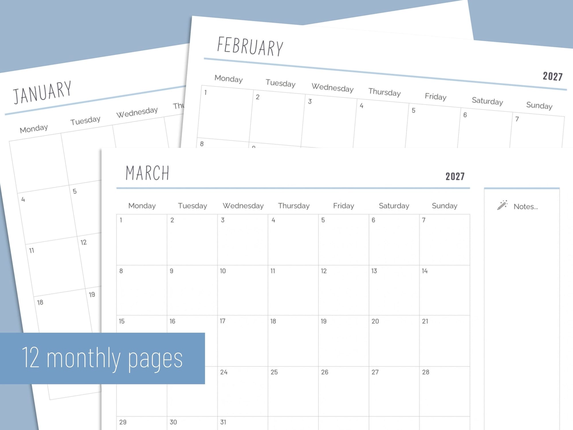 2027 printable calendar with 12 monthly pages