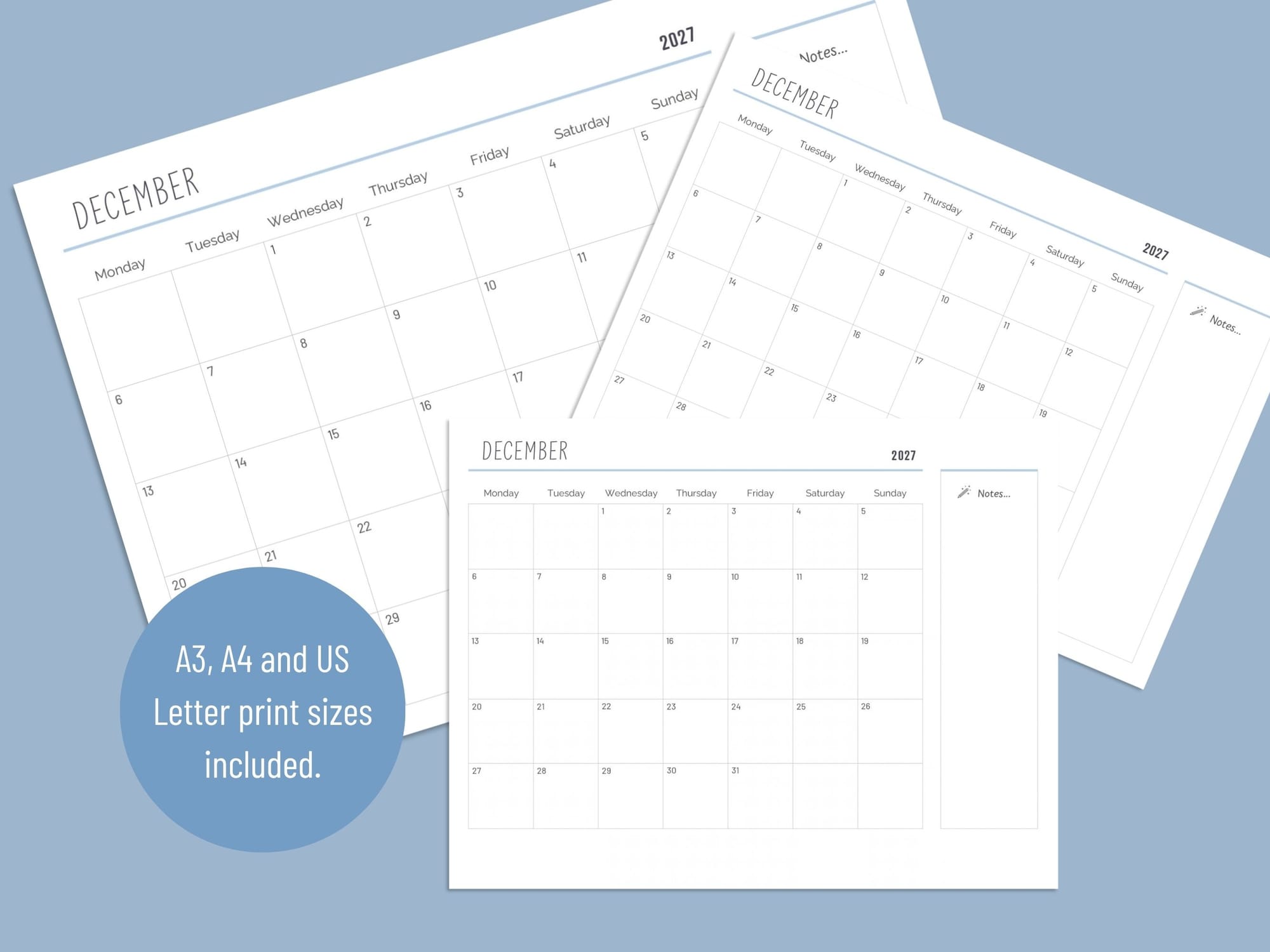 2027 printable desk calendar - A3, A4 and US Letter print sizes included.