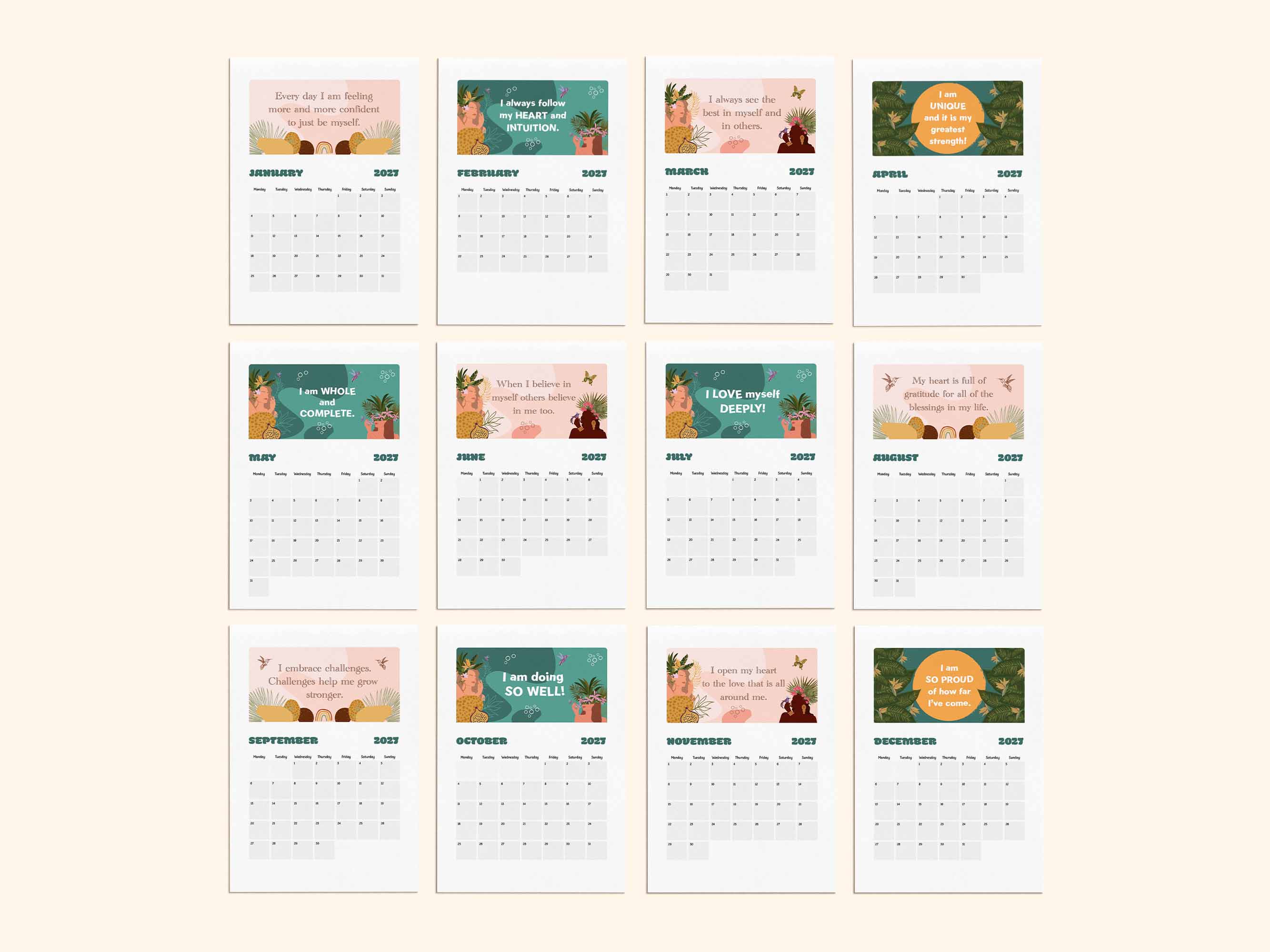 Printable positive affirmation calendar 2027 - monthly calendar.