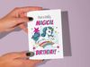 Printable unicorn birthday card for kids with quote, "Have a totally magical birthday!"