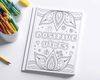 Fun self-care coloring page for adults and kids with quote, "positive vibes."