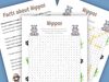 Printable hippo word search for kids, with fun hippo fact sheet included.
