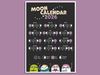 Moon calendar 2026. Purple & black color theme. Printable PDF download. Fun design for kids, featuring lunar men and a friendly alien!